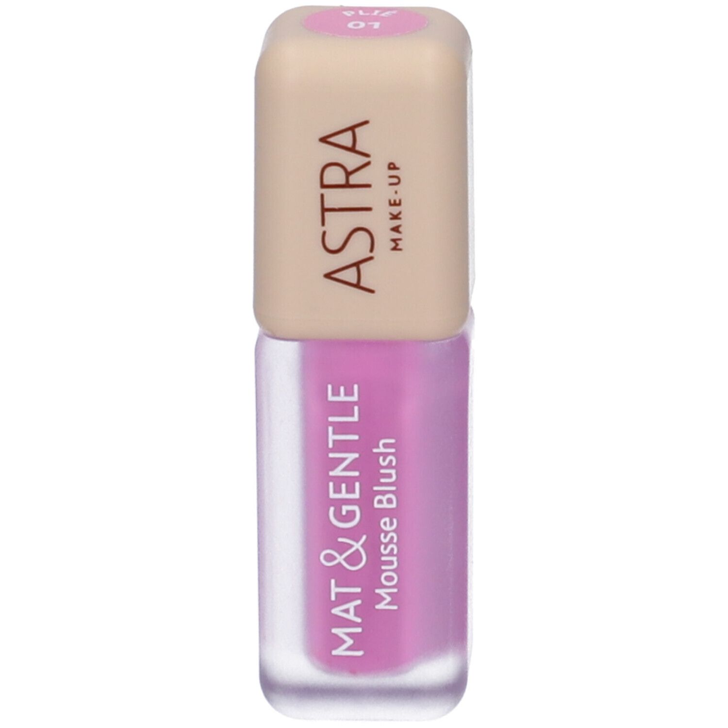 Astra Make-Up Mat & Gentle Mousse Blush in un flacone trasparente con tappo beige. Colore: Rosa.
