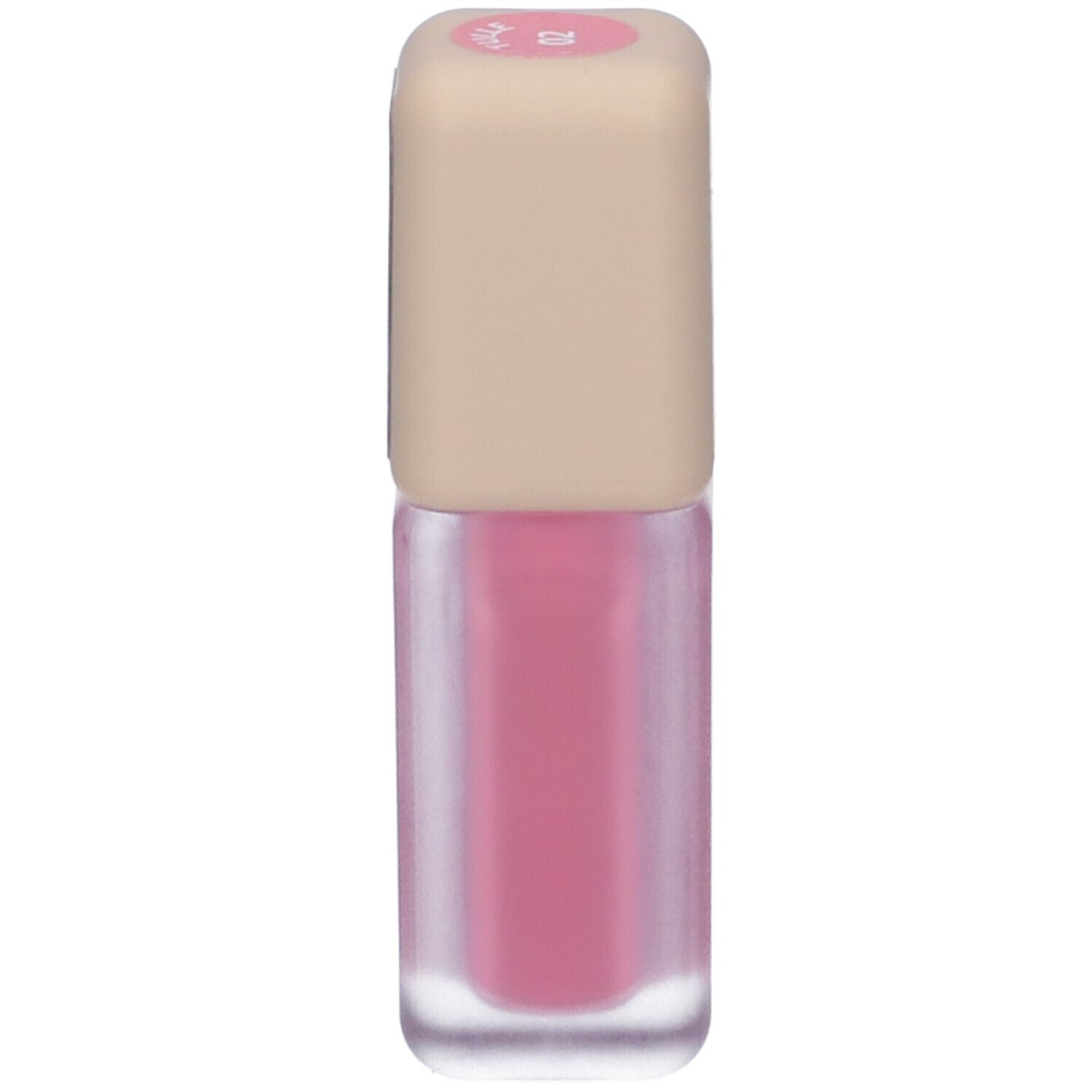 Piccola bottiglia rettangolare in vetro con contenuto rosa liquido e tappo beige.