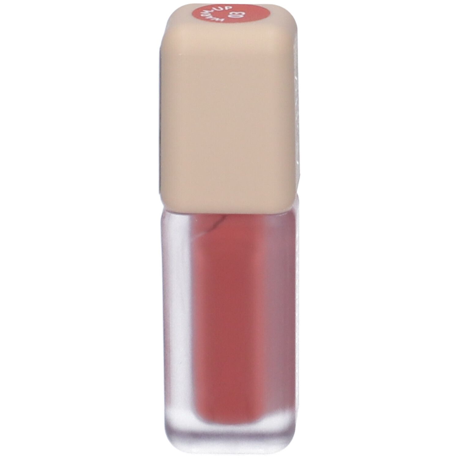 Piccolo contenitore con prodotto labbra rosa e tappo beige.