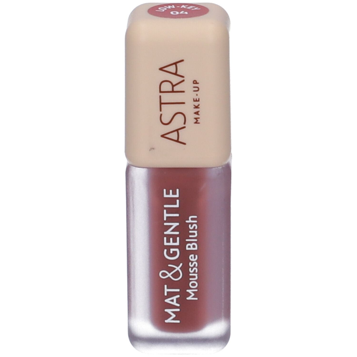 Blush Mousse Astra Make-up in un piccolo contenitore di vetro con tappo beige.