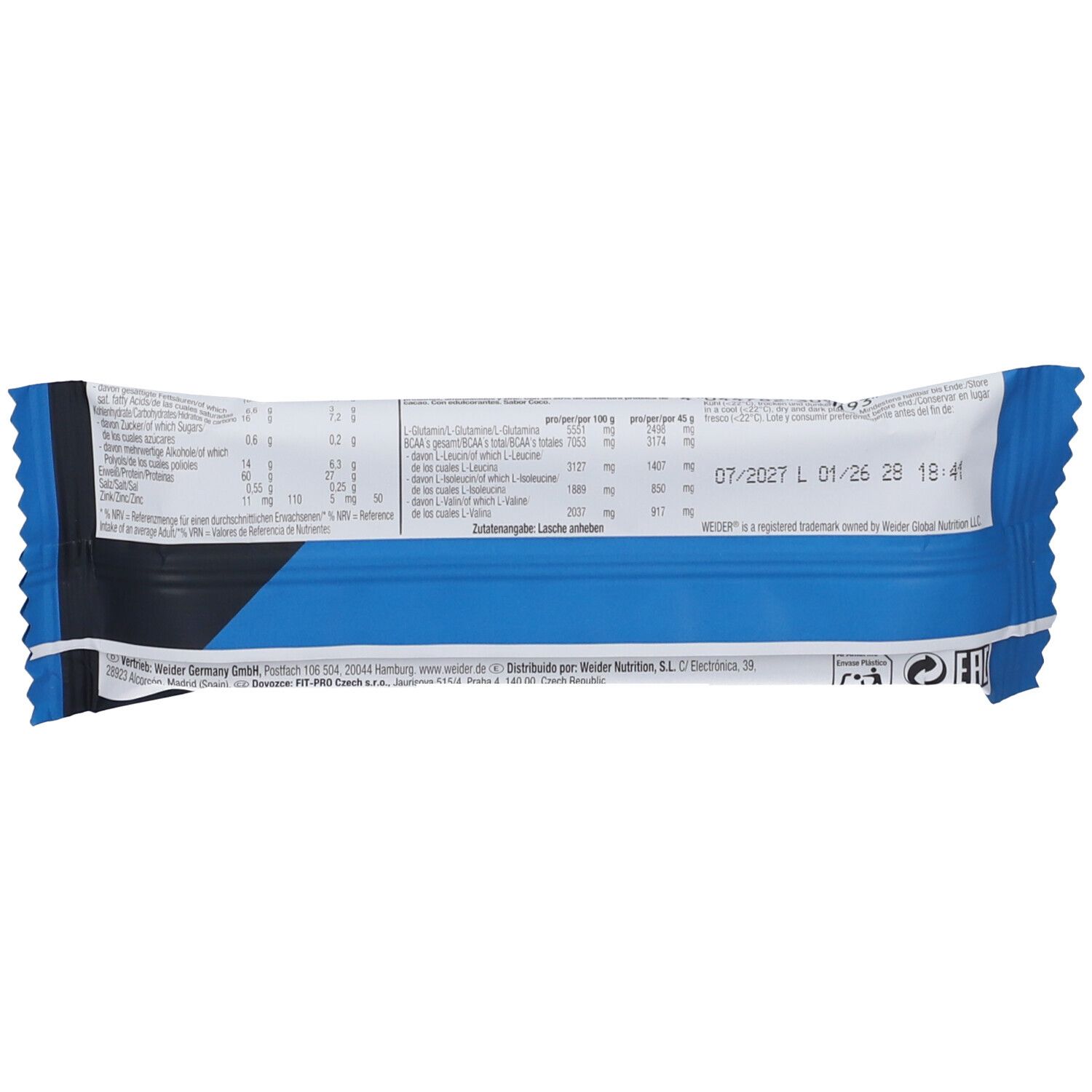 Retro di una barretta WEIDER 60% Proteine con valori nutrizionali e lista ingredienti. 45g.
