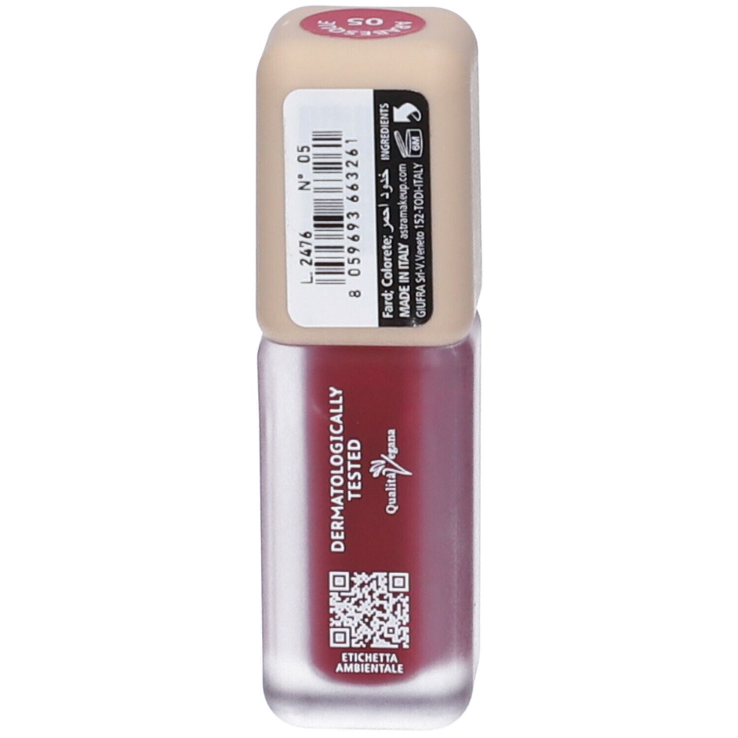 Confezione di Astra Make-up Mousse Blush rosso, con sigillo testato dermatologicamente.