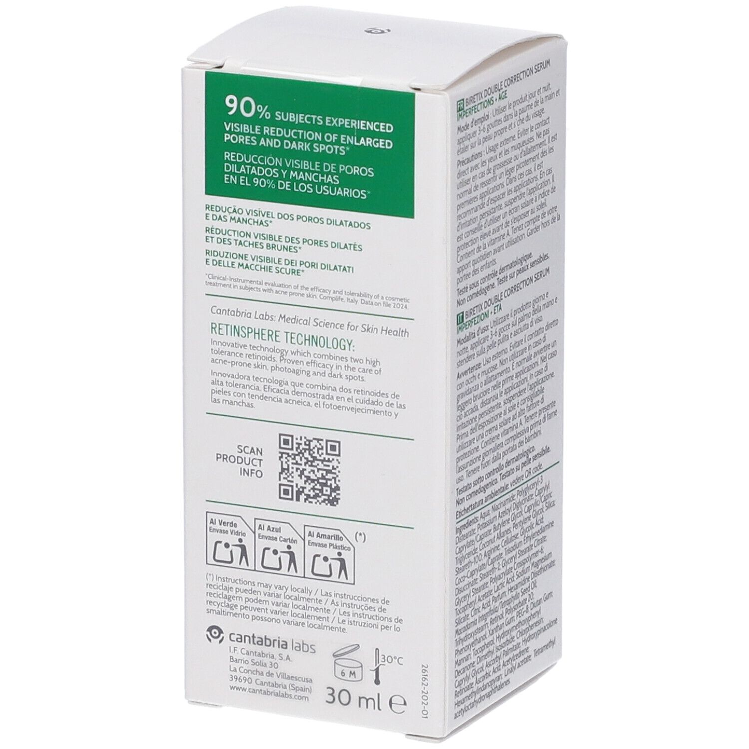 Lato della confezione del siero BIRETIX Double Correction con efficacia e codice QR.