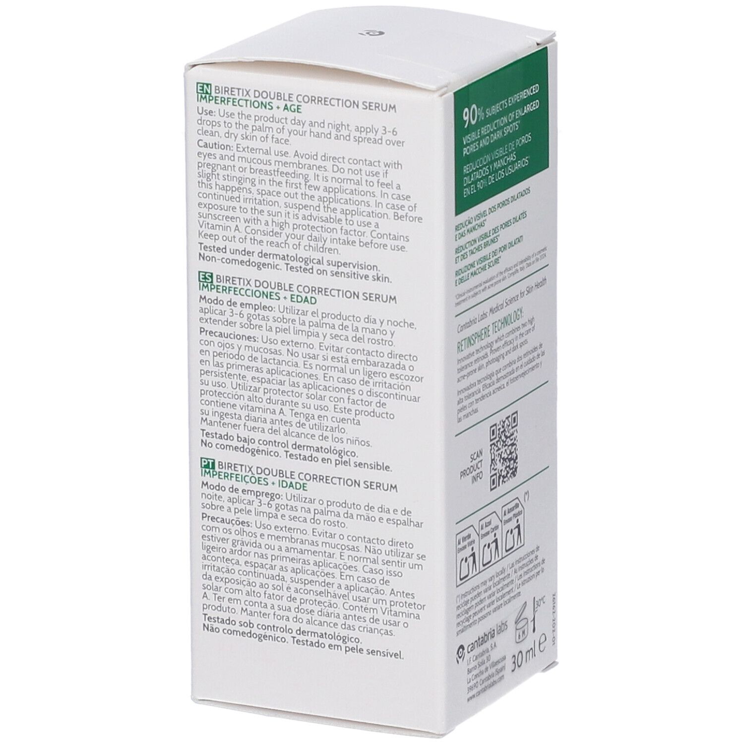 Lato della confezione del siero BIRETIX Double Correction con istruzioni multilingue.