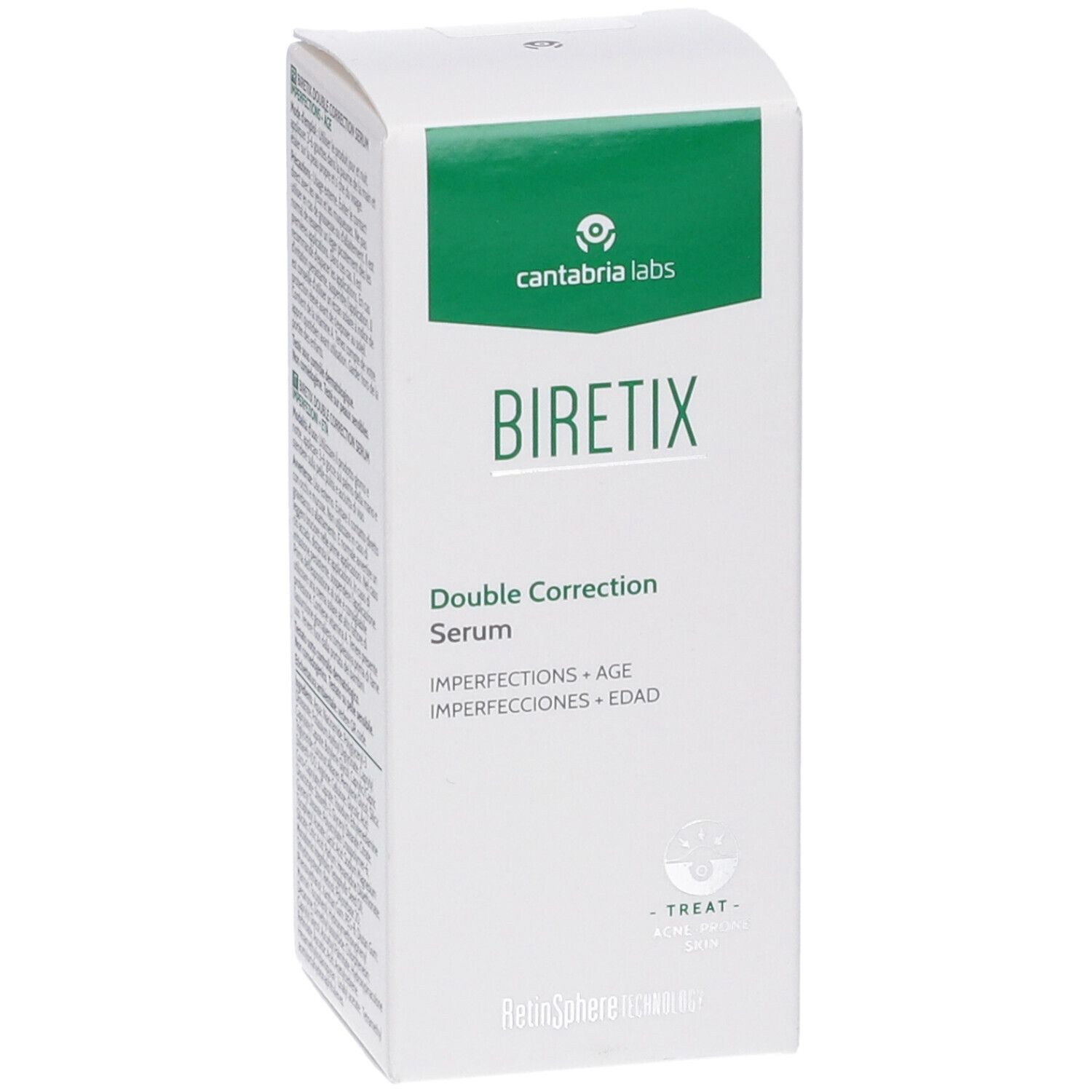 Confezione del siero BIRETIX Double Correction, fronte con logo Cantabria Labs.
