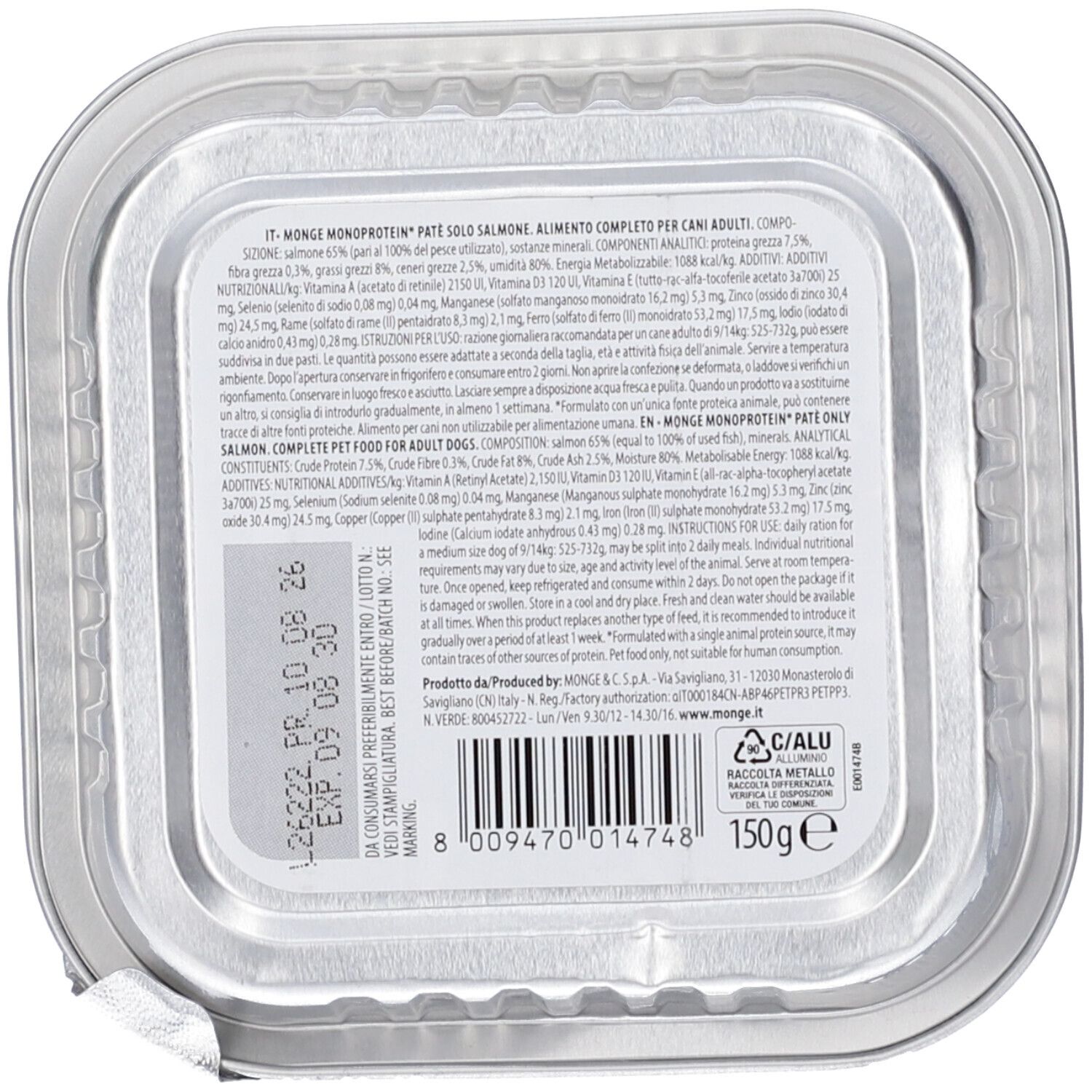 Scatola di cibo per cani, salmone, 150g.