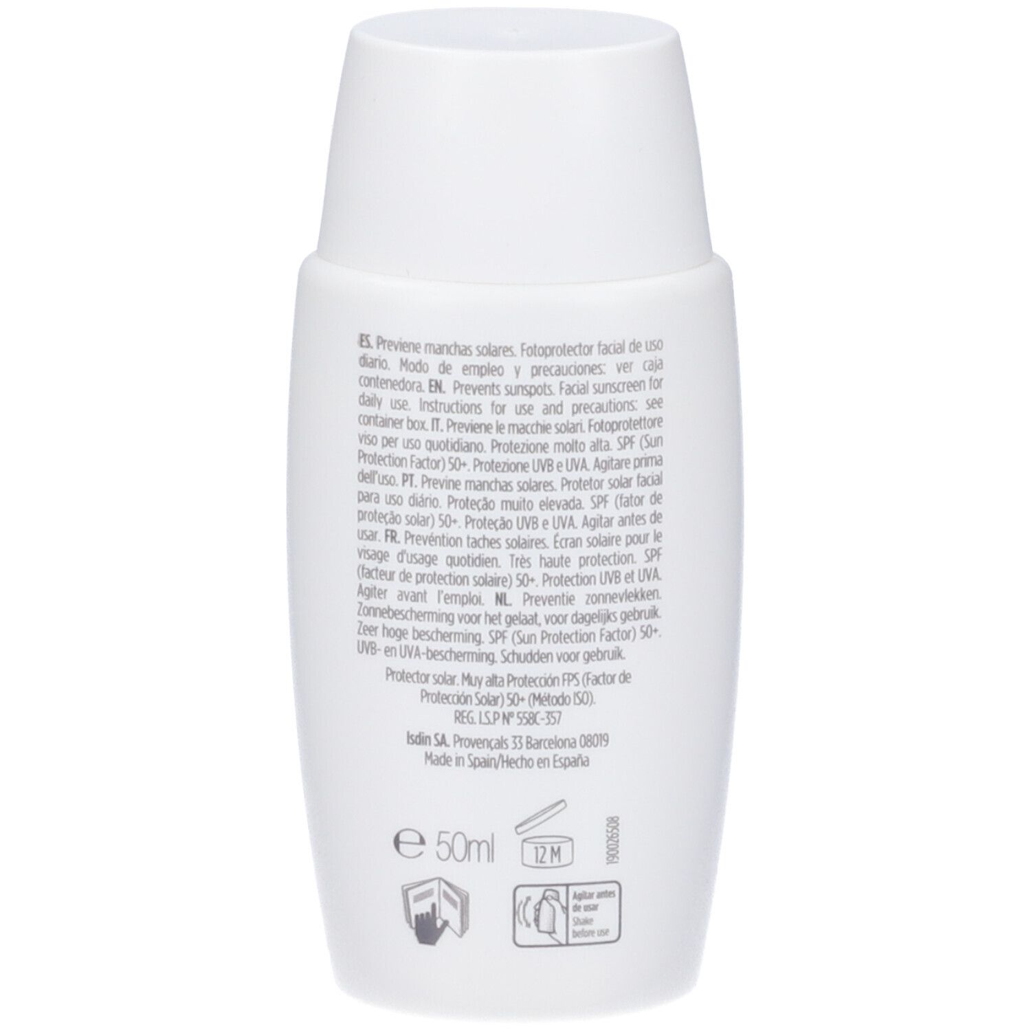 Retro della crema solare ISDIN Fotoultra Spot Prevent 50ml. Include istruzioni e ingredienti.