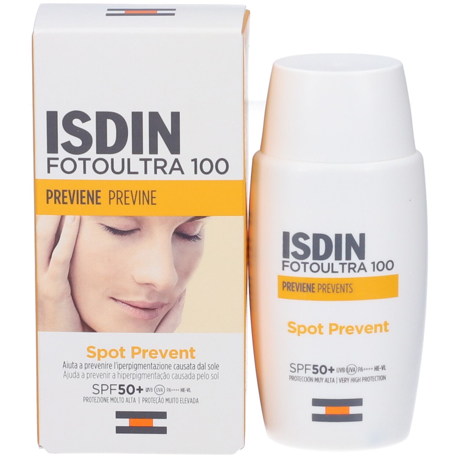 Crema solare ISDIN Fotoultra Spot Prevent 50+ e scatola. Mostra una donna e informazioni sul prodotto.