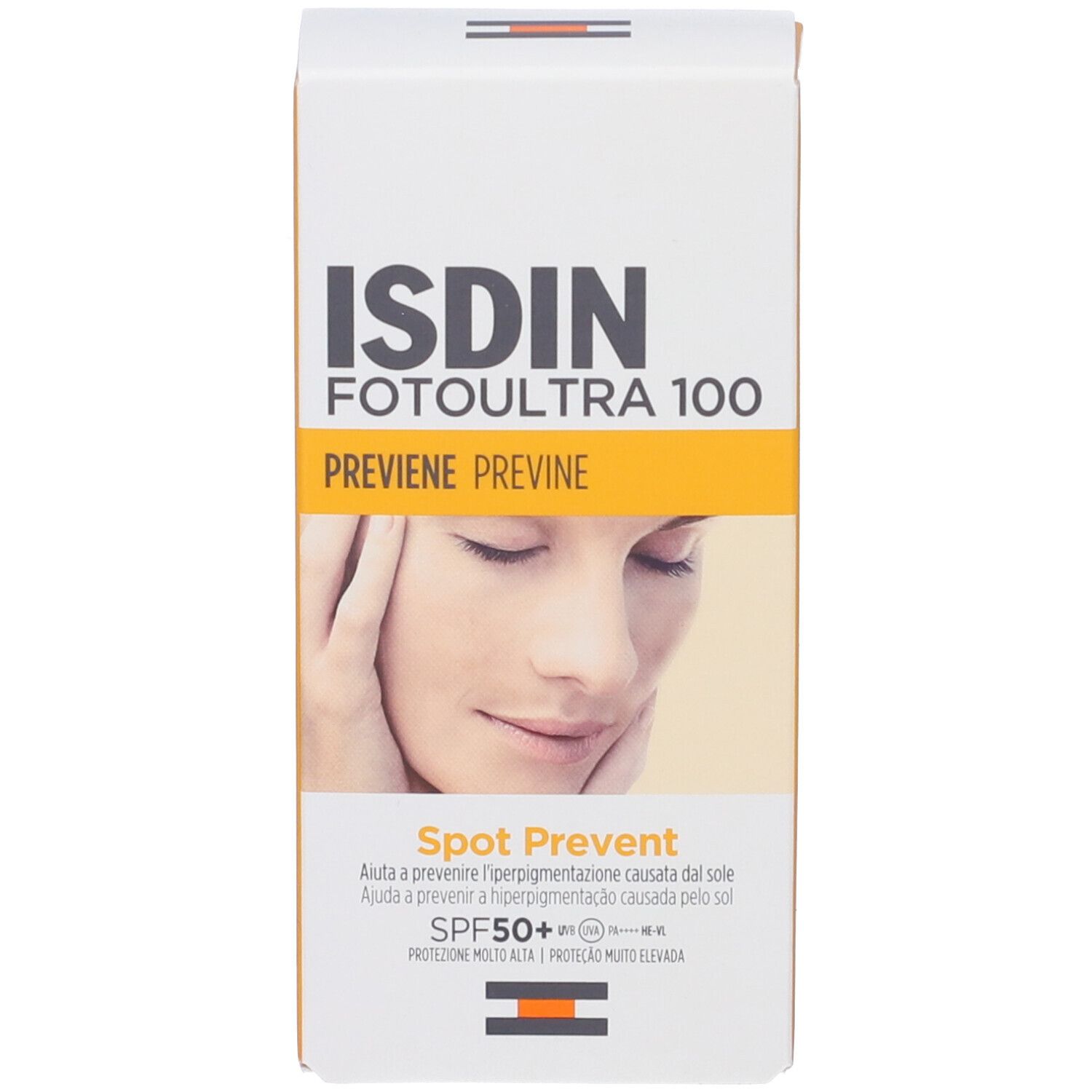 Scatola della crema solare ISDIN Fotoultra Spot Prevent 50+. Con immagine di donna e caratteristiche.