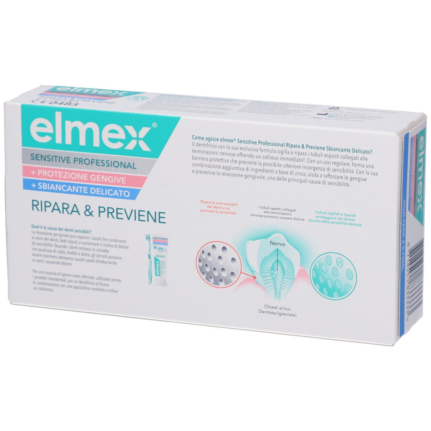 Dentifricio Elmex Sensitive Professional, Ripara & Previene, con illustrazioni.