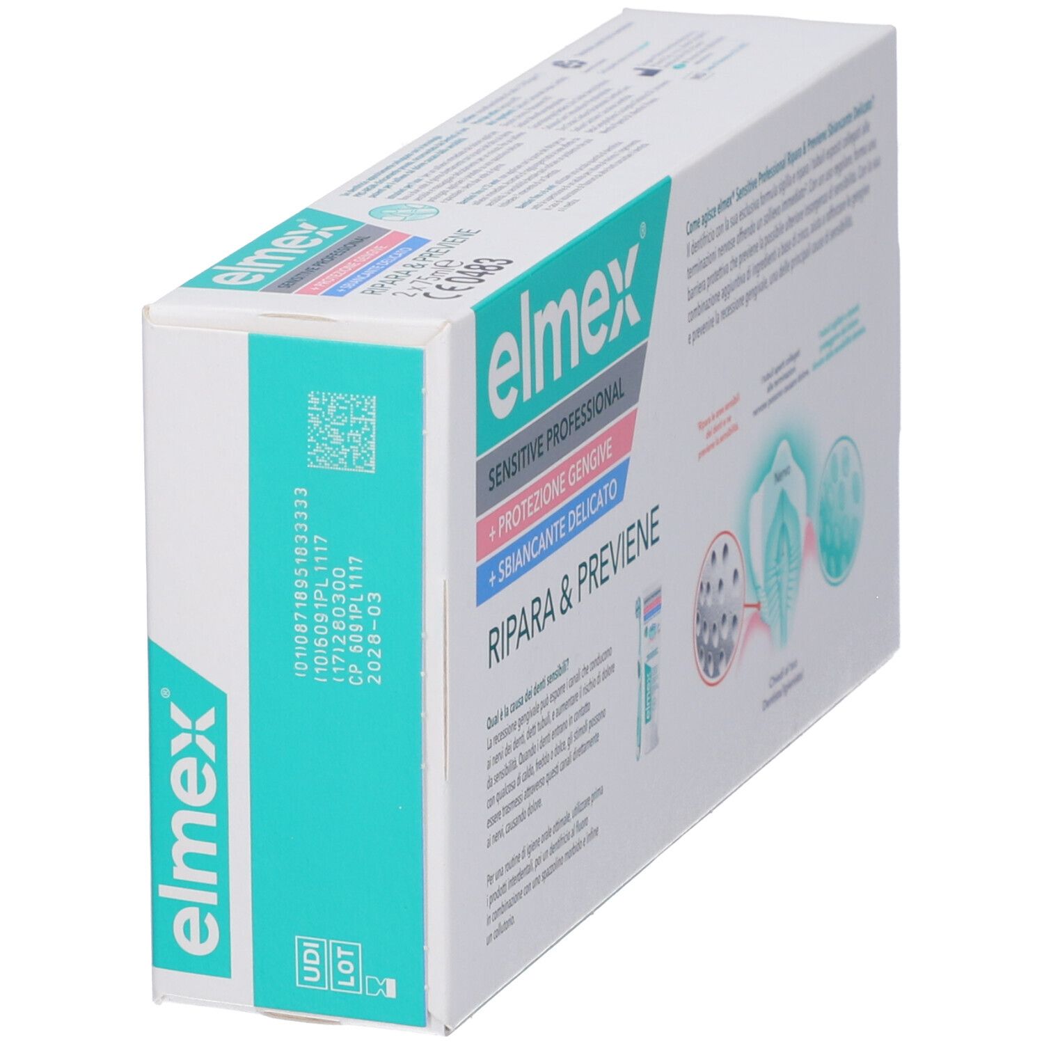 Confezione dentifricio Elmex Sensitive Professional con informazioni su riparazione e prevenzione dello smalto.
