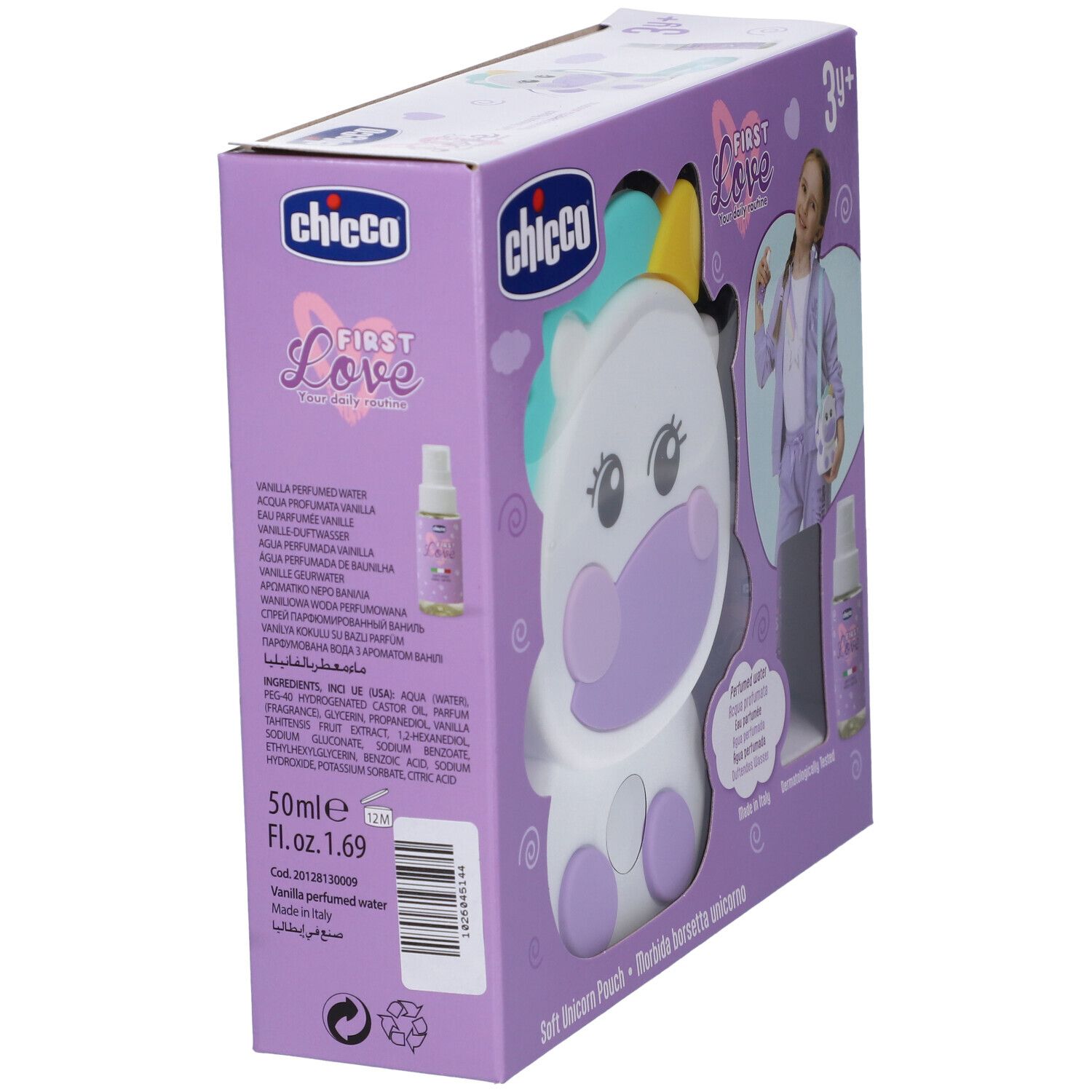Set Chicco First Love con borsetta unicorno e acqua profumata.