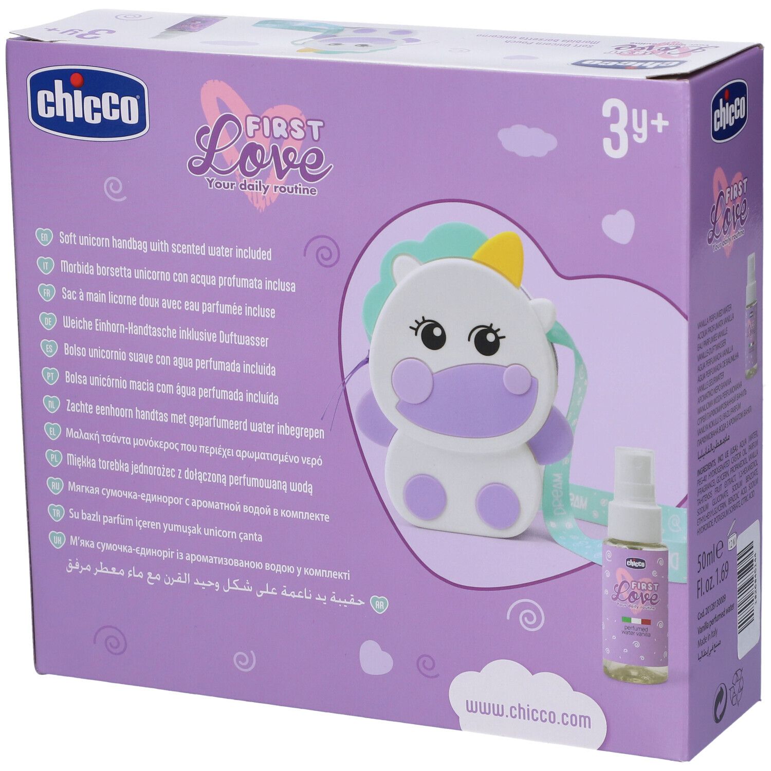 Set Chicco First Love: Borsetta unicorno con acqua profumata, per bambini dai 3 anni.