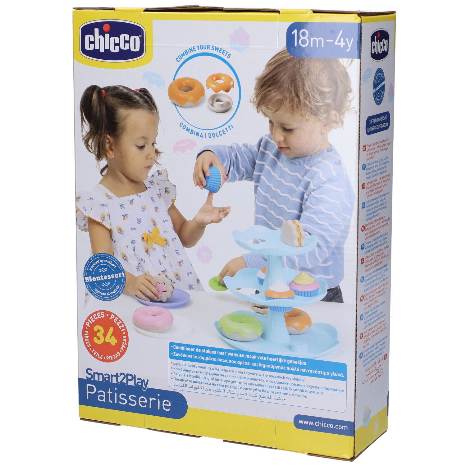 Set da pasticceria giocattolo per bambini. Include torte, ciambelle e accessori. Marca: Chicco.