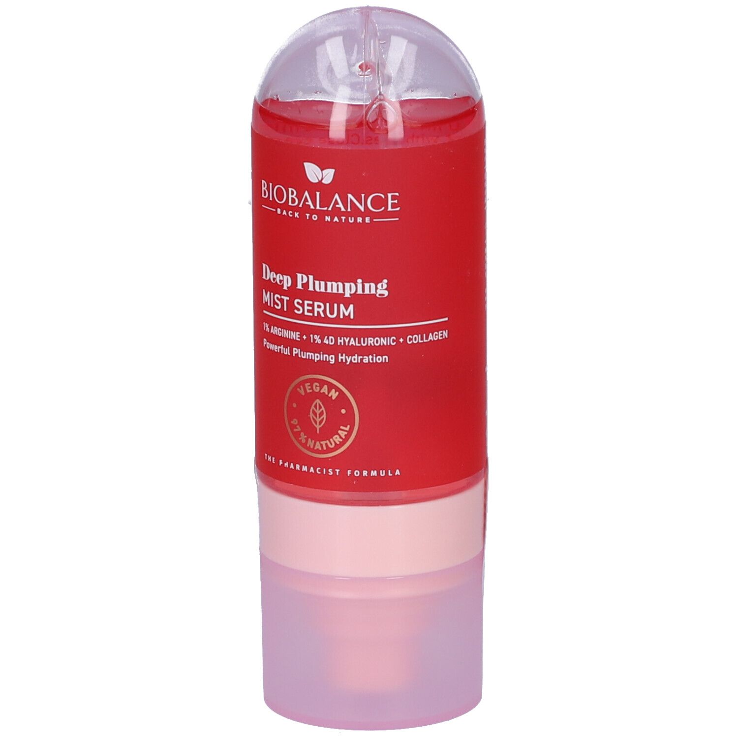 Flacone spray rosso con tappo trasparente, Biobalance Mist Serum.