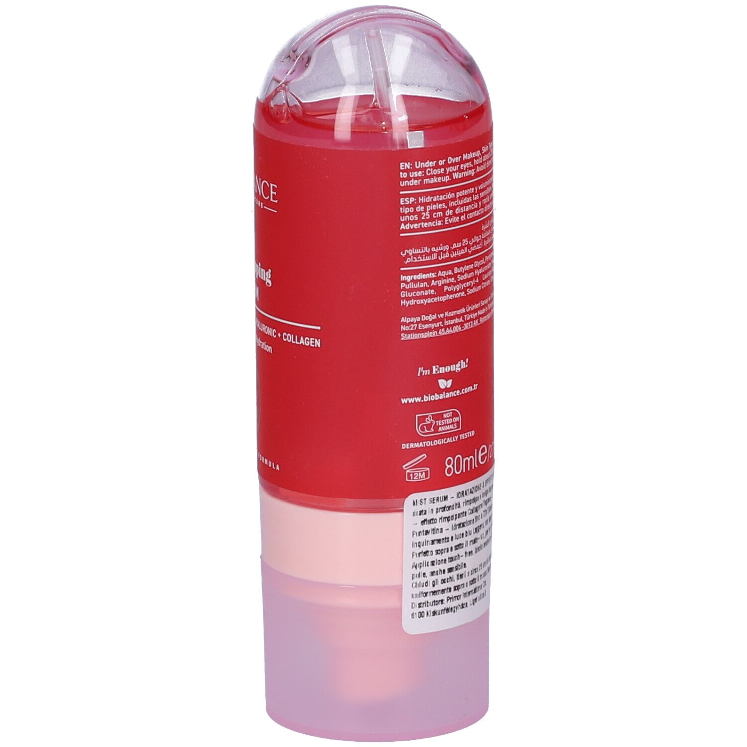 Flacone rosso con applicatore trasparente, 80ml. Contiene un siero rosso. "Biobalance" e "Hyaluronic Acid + Collagen" sull'etichetta.