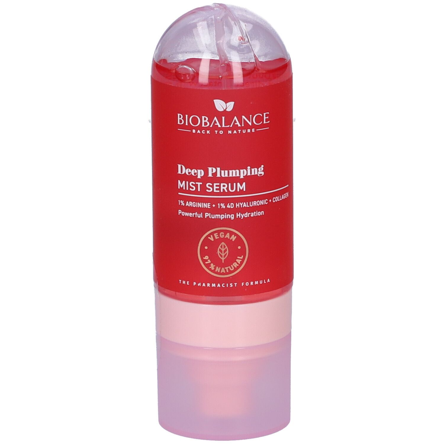 Biobalance Deep Plumping Mist Serum in flacone rosso con applicatore trasparente.