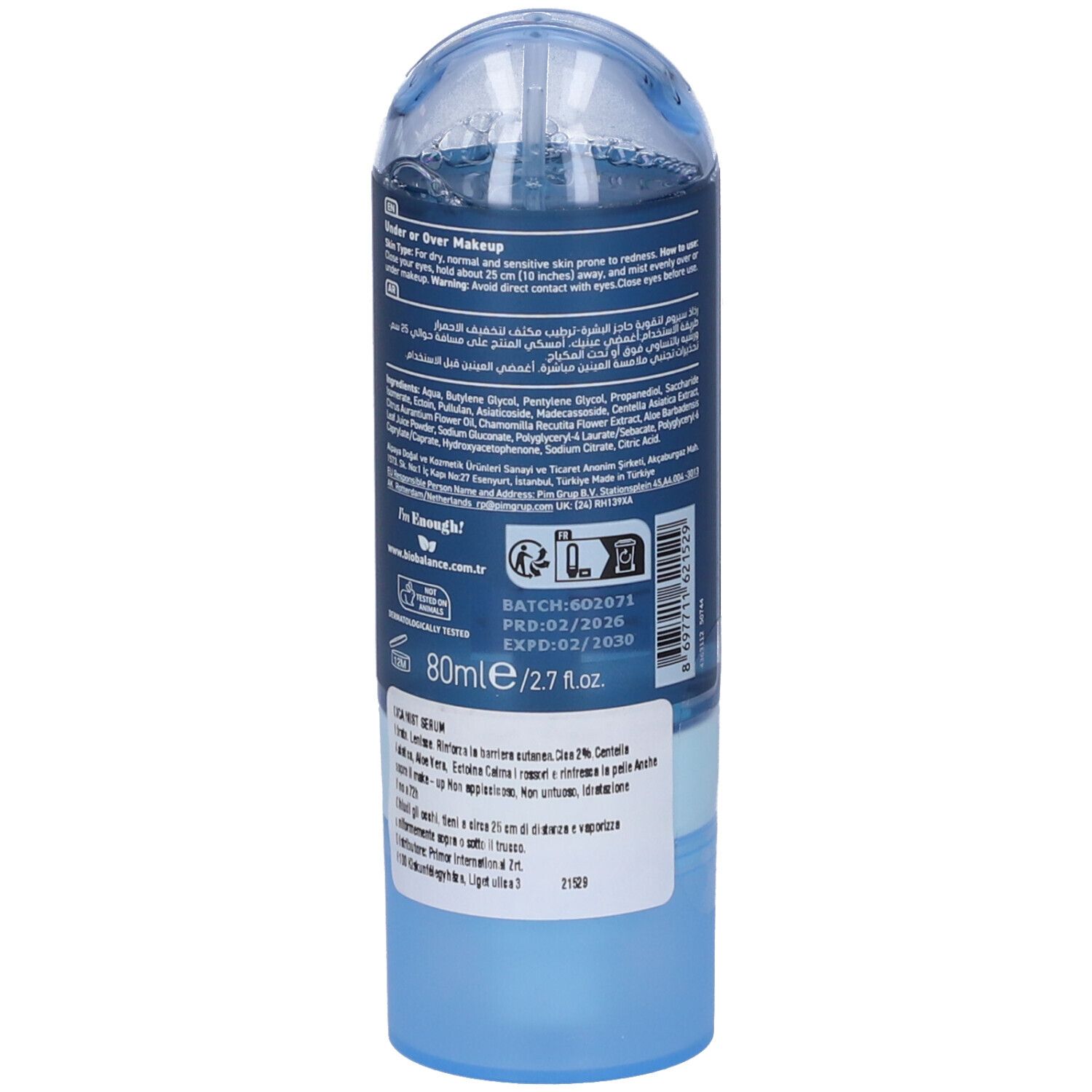 BioBalance Barrier Booster Mist Serum in flacone blu con erogatore a pompa. 80ml.