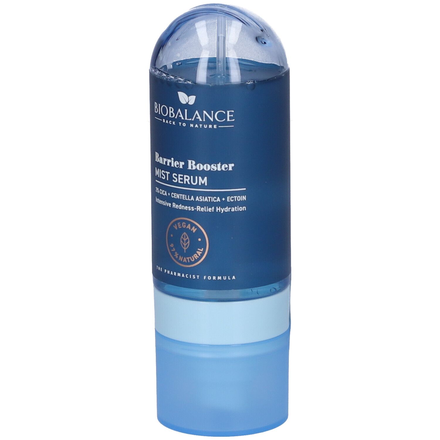 Biobalance Barrier Booster Mist Serum in flacone blu. Con CICA, Centella Asiatica, Ectoin. Vegano, 97% naturale.
