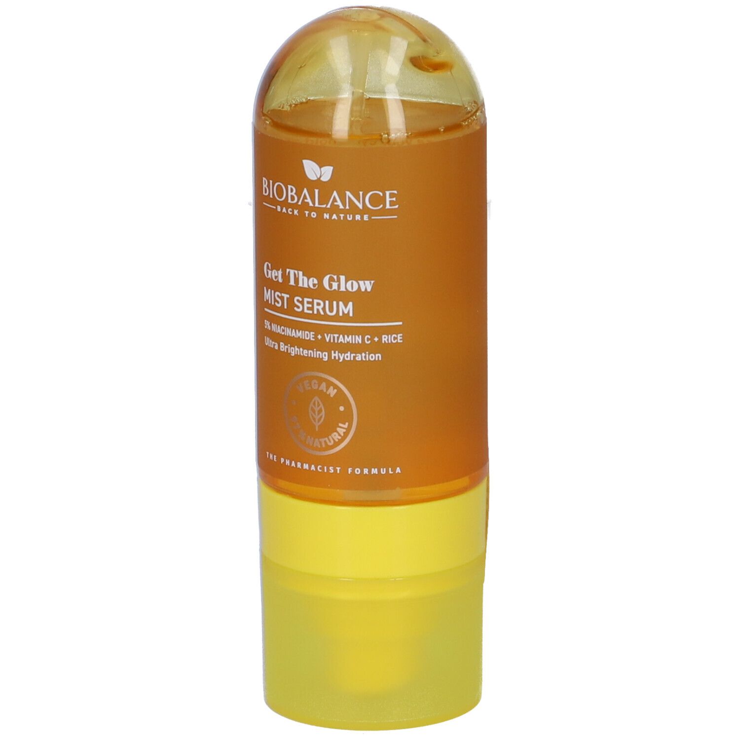Biobalance Get The Glow Mist Serum in un erogatore arancione e giallo con spray.