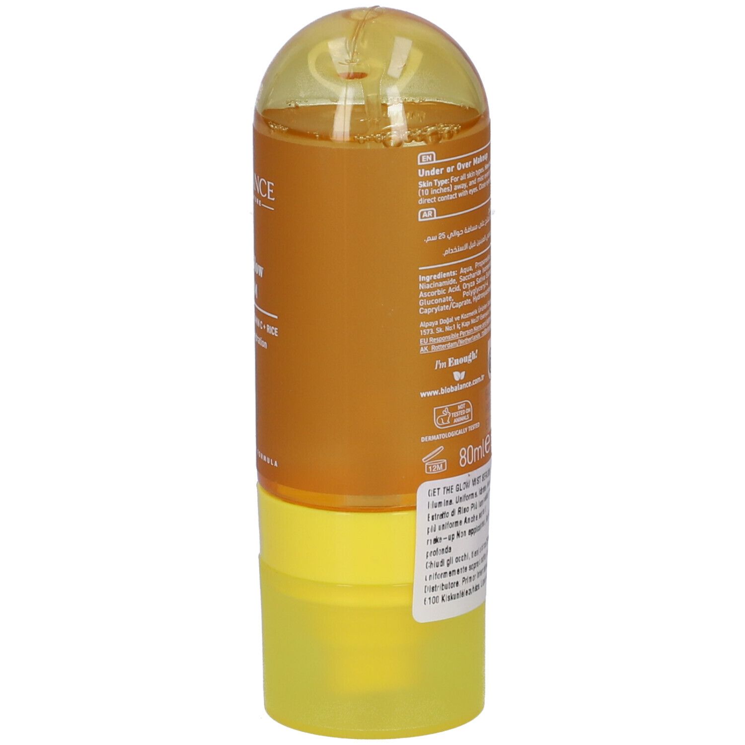 Flacone di Biobalance Get The Glow Mist Serum con erogatore a pompa, 60ml.