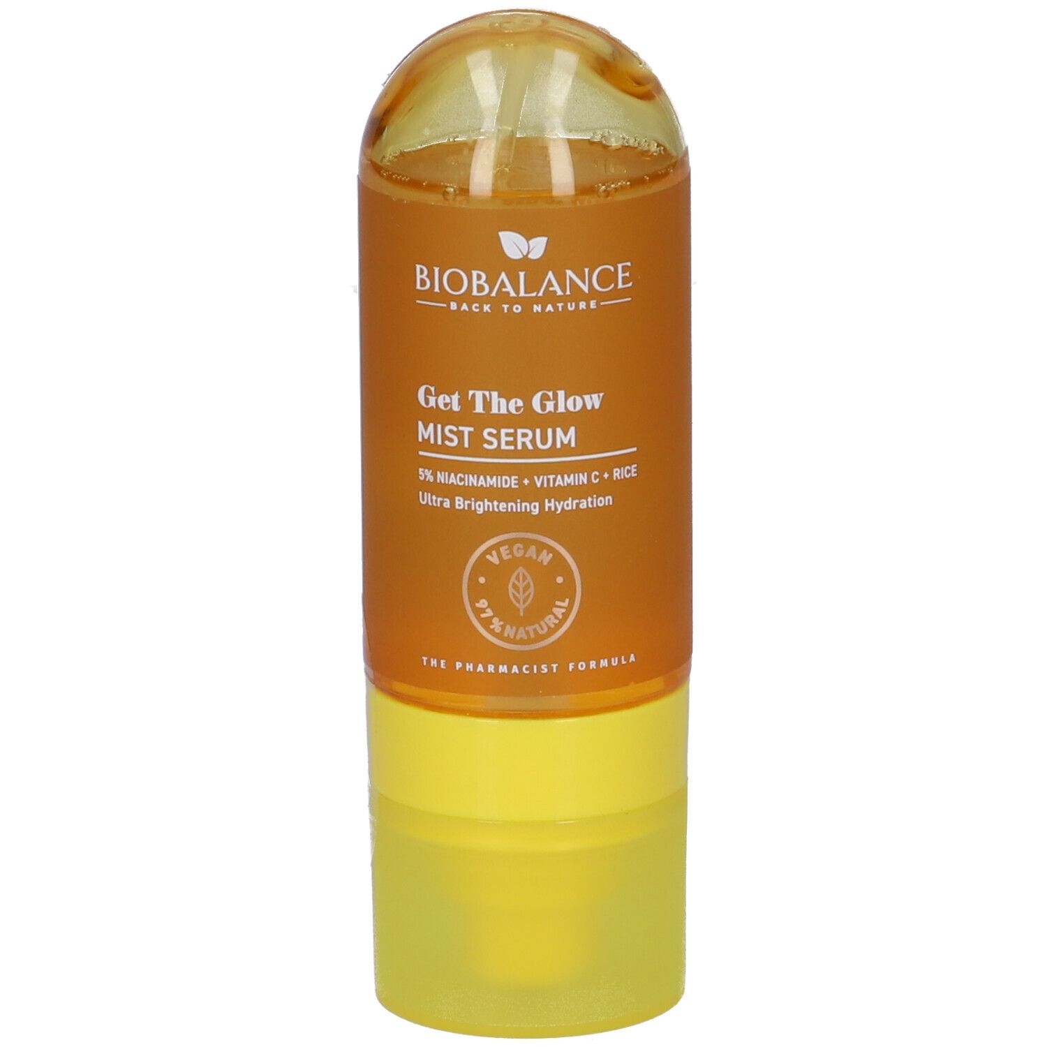 Flacone di Biobalance Get The Glow Mist Serum con erogatore a pompa, 60ml.