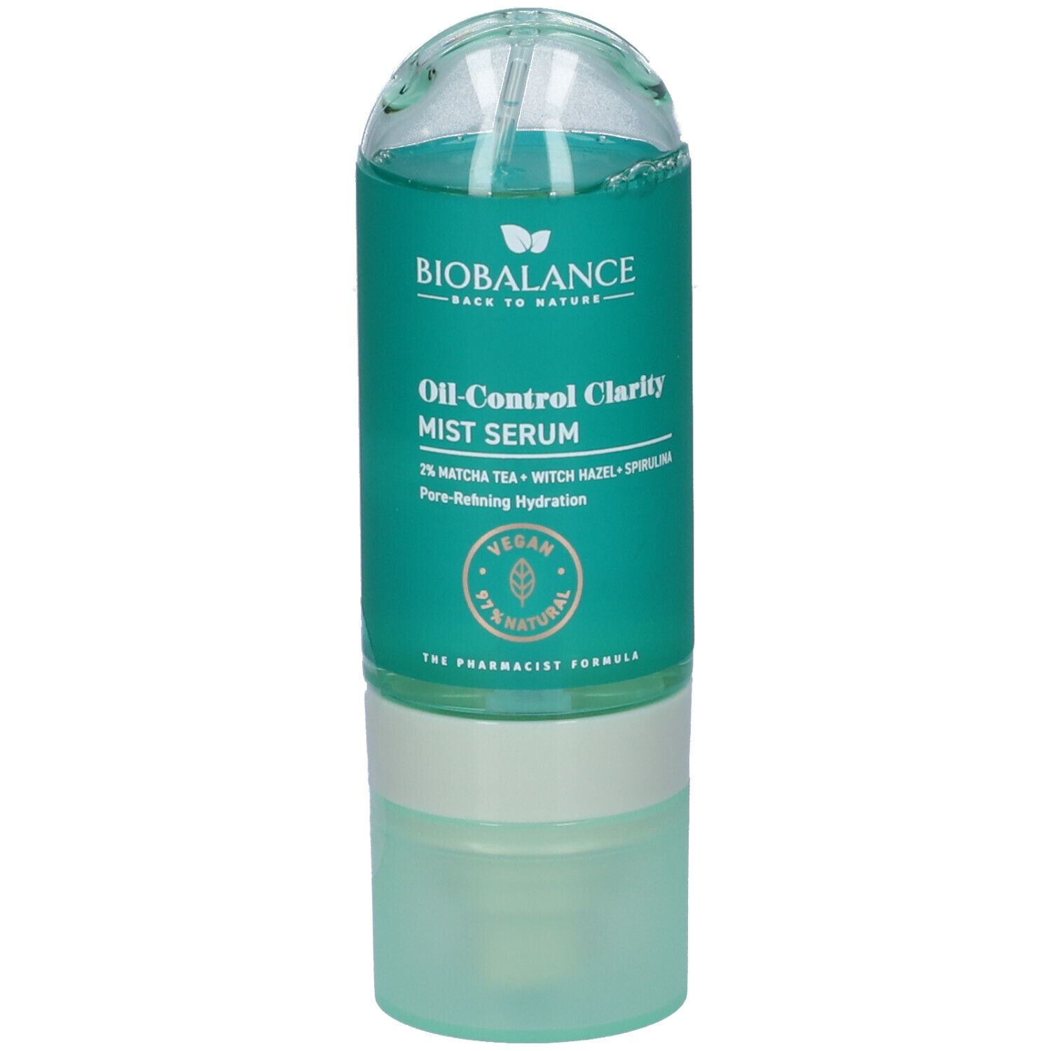 Biobalance Oil-Control Clarity Mist Serum in flacone turchese. Con Matcha, Amamelide, Spirulina. Vegano, 97% naturale.