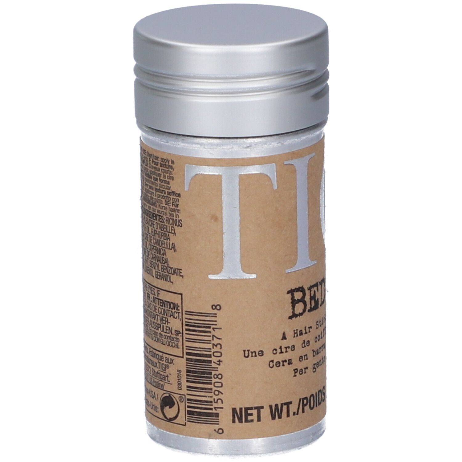 Stick per capelli Bed Head in un contenitore argentato con etichetta marrone.
