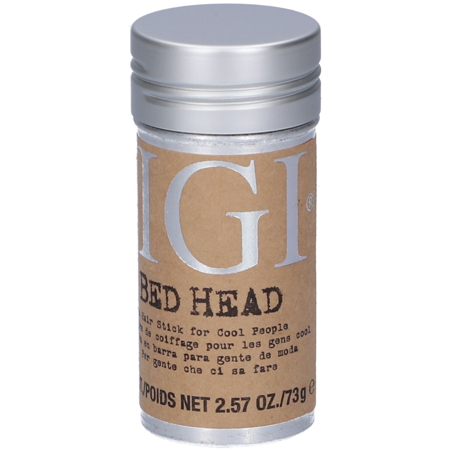 Piccola lattina argentata con etichetta marrone 'Bed Head Hair Stick'.