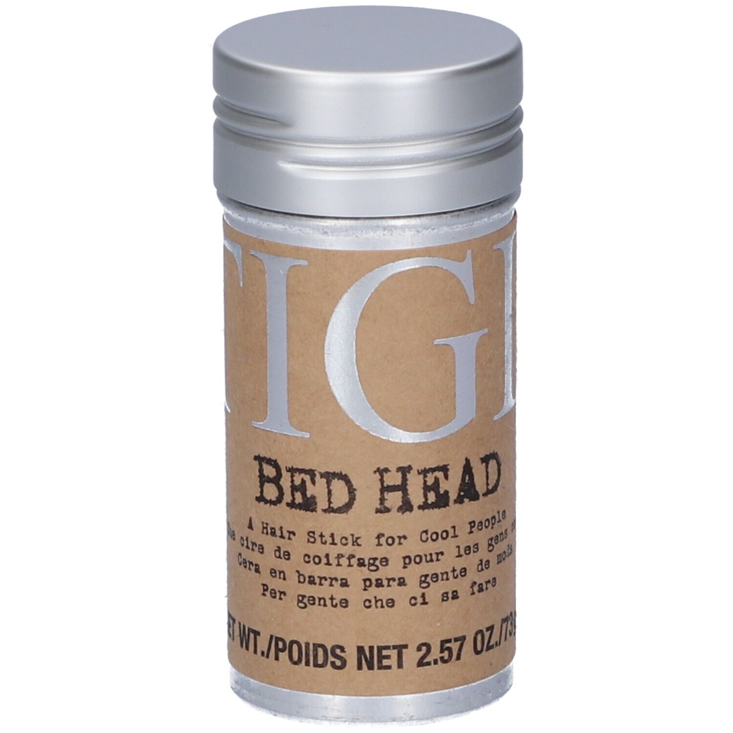 Cera per capelli TIGI Bed Head in barattolo argentato con etichetta marrone.
