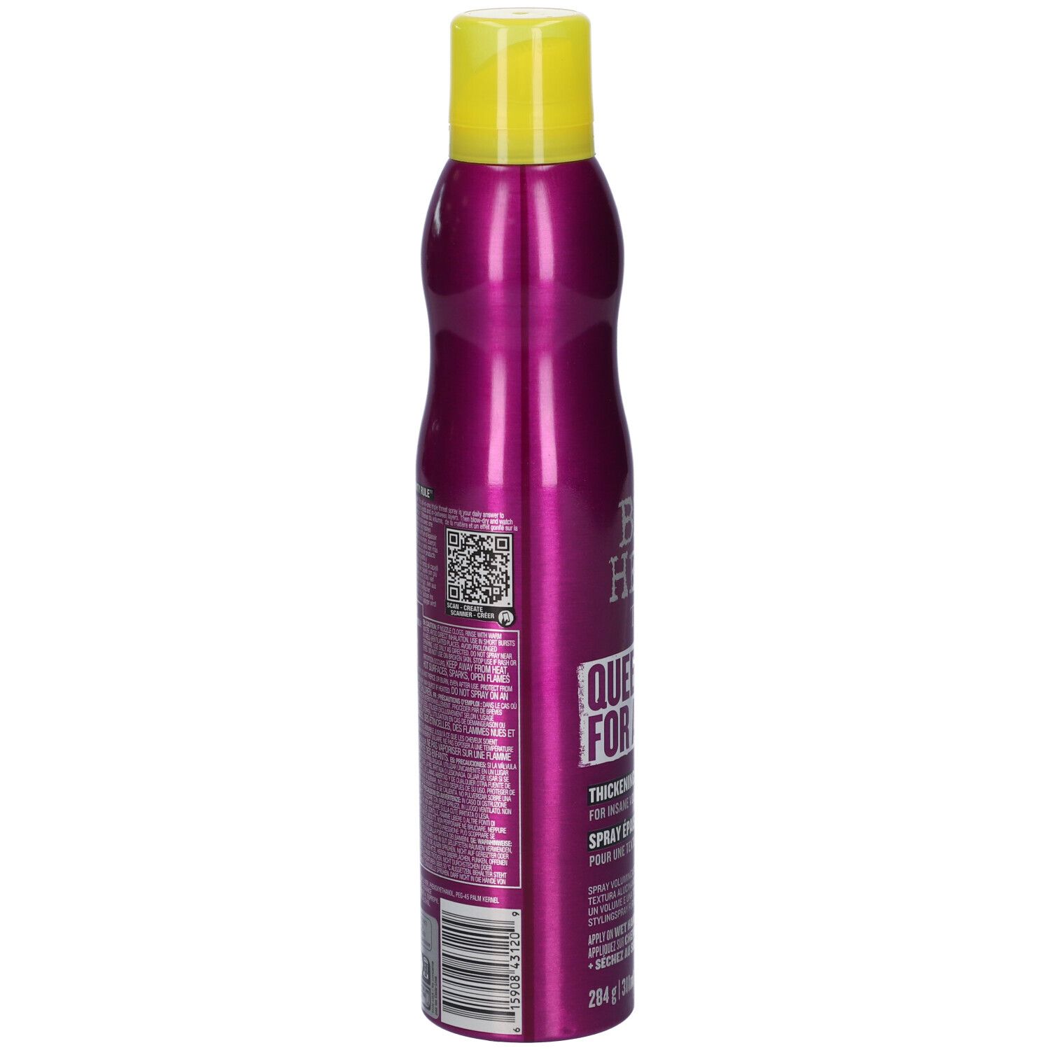Lattina spray viola con tappo giallo, scritta 'Queen for a Day'.