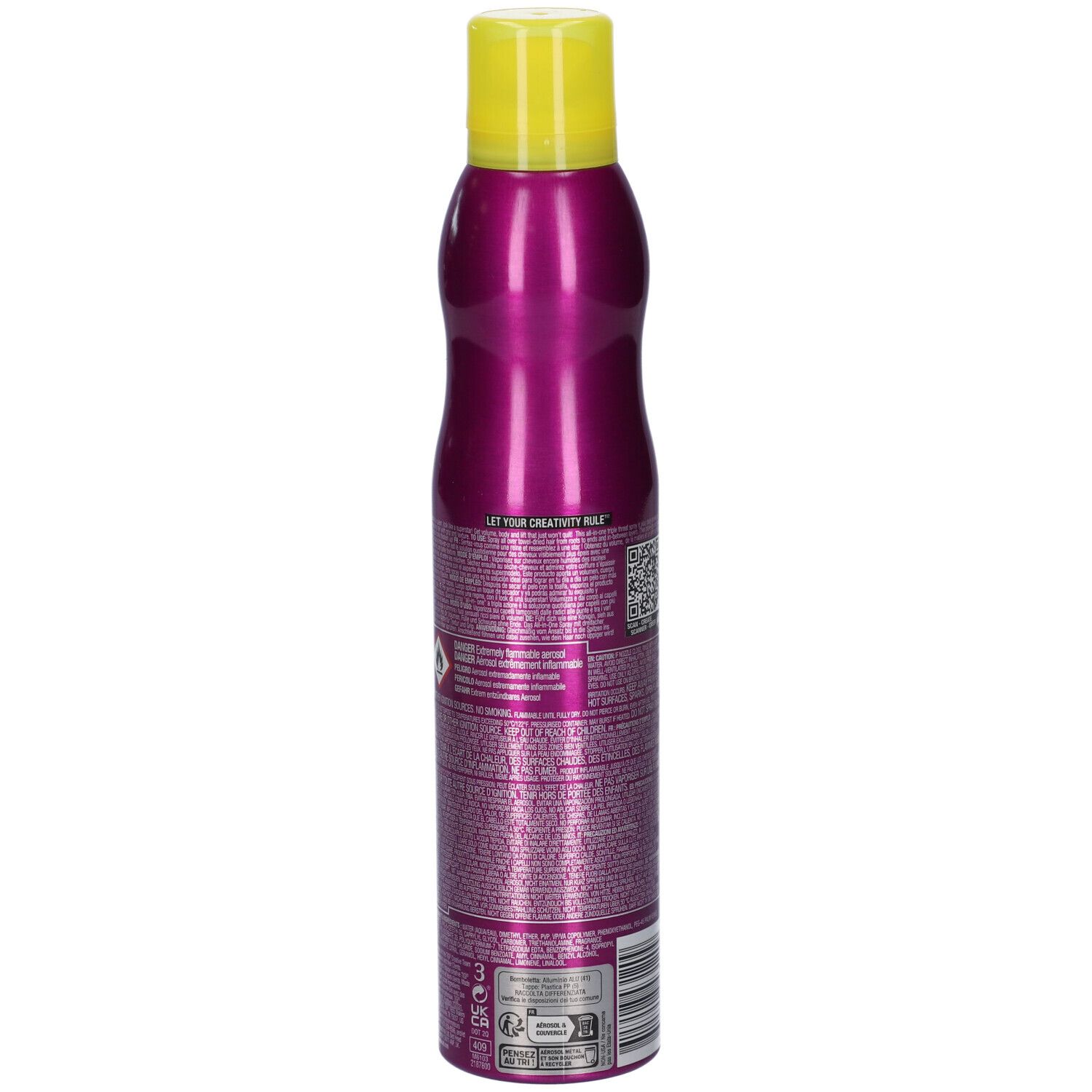 Bomboletta spray viola con tappo giallo e base argentata.