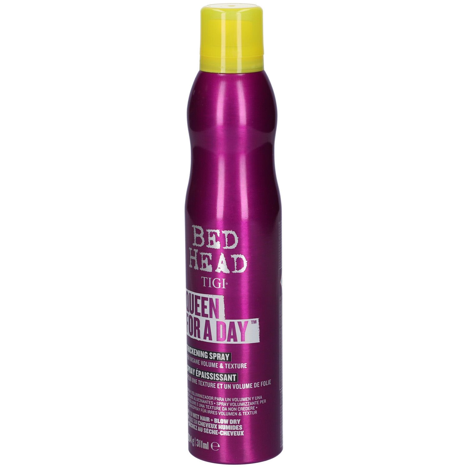Bed Head Tigi Queen for a Day Spray, 150 ml. Lattina rosa con tappo giallo.