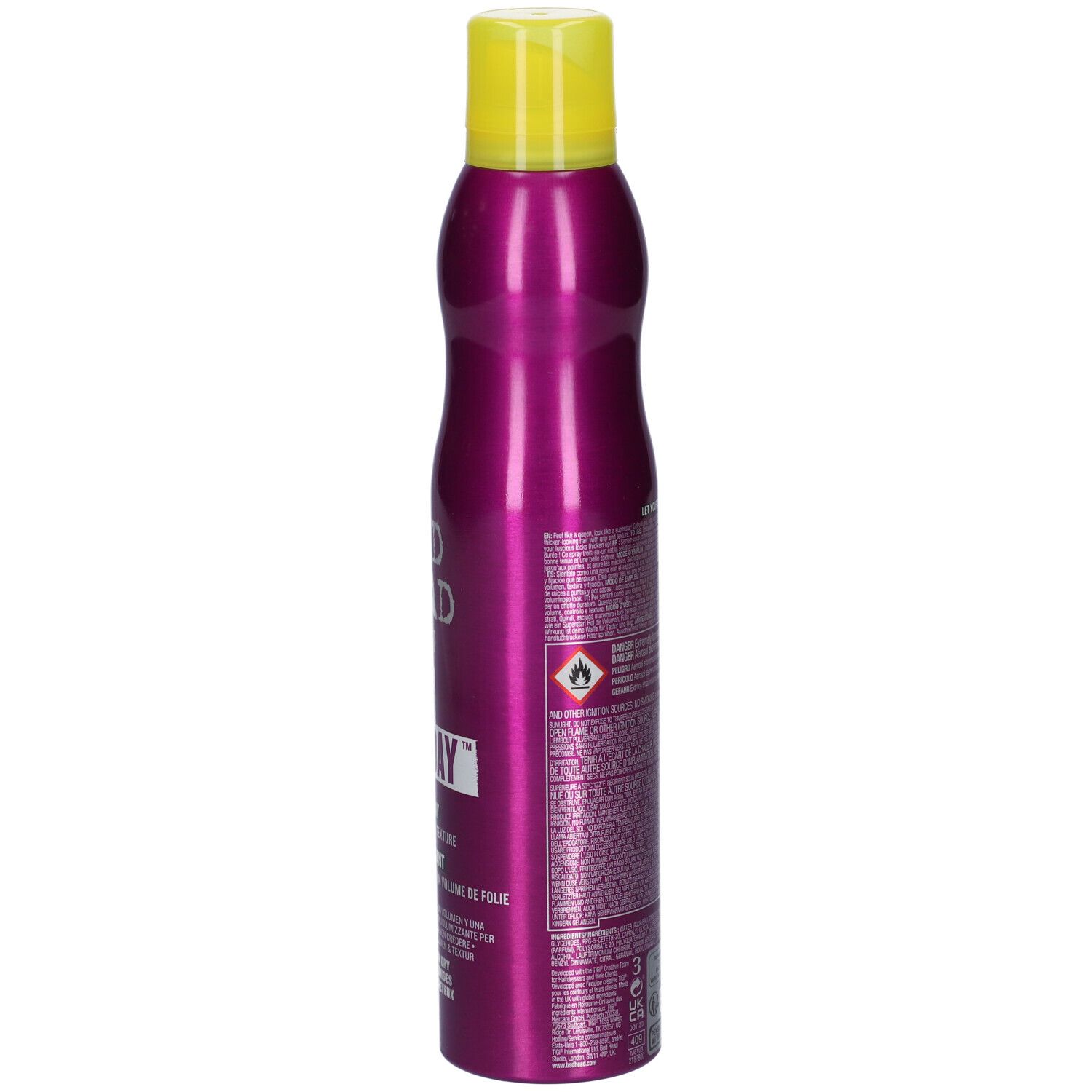 Lattina viola di lacca per capelli con tappo giallo, 250ml.