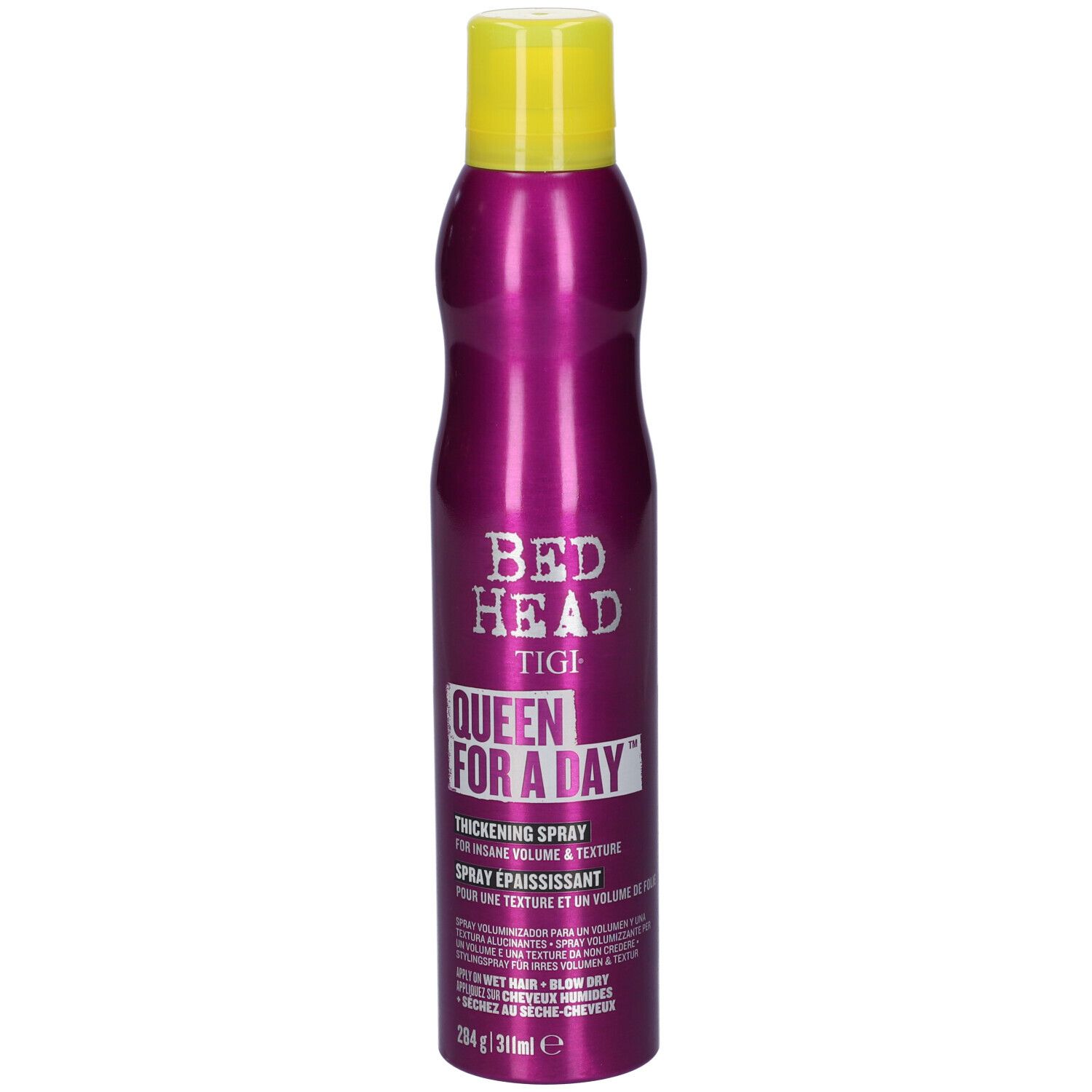 Flacone spray viola Bed Head TIGI Queen For A Day con tappo giallo.