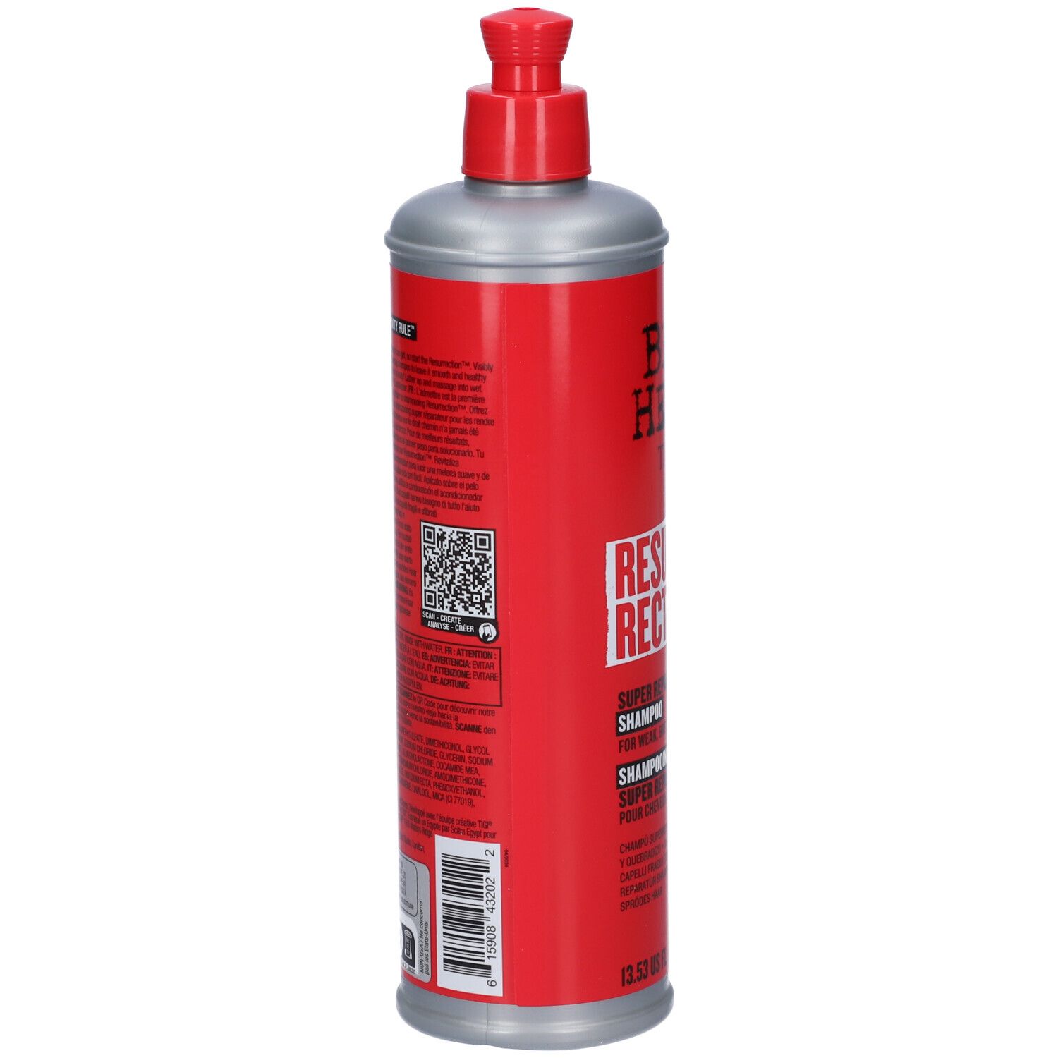 Shampoo Bed Head TIGI Resurrection, flacone rosso con erogatore.
