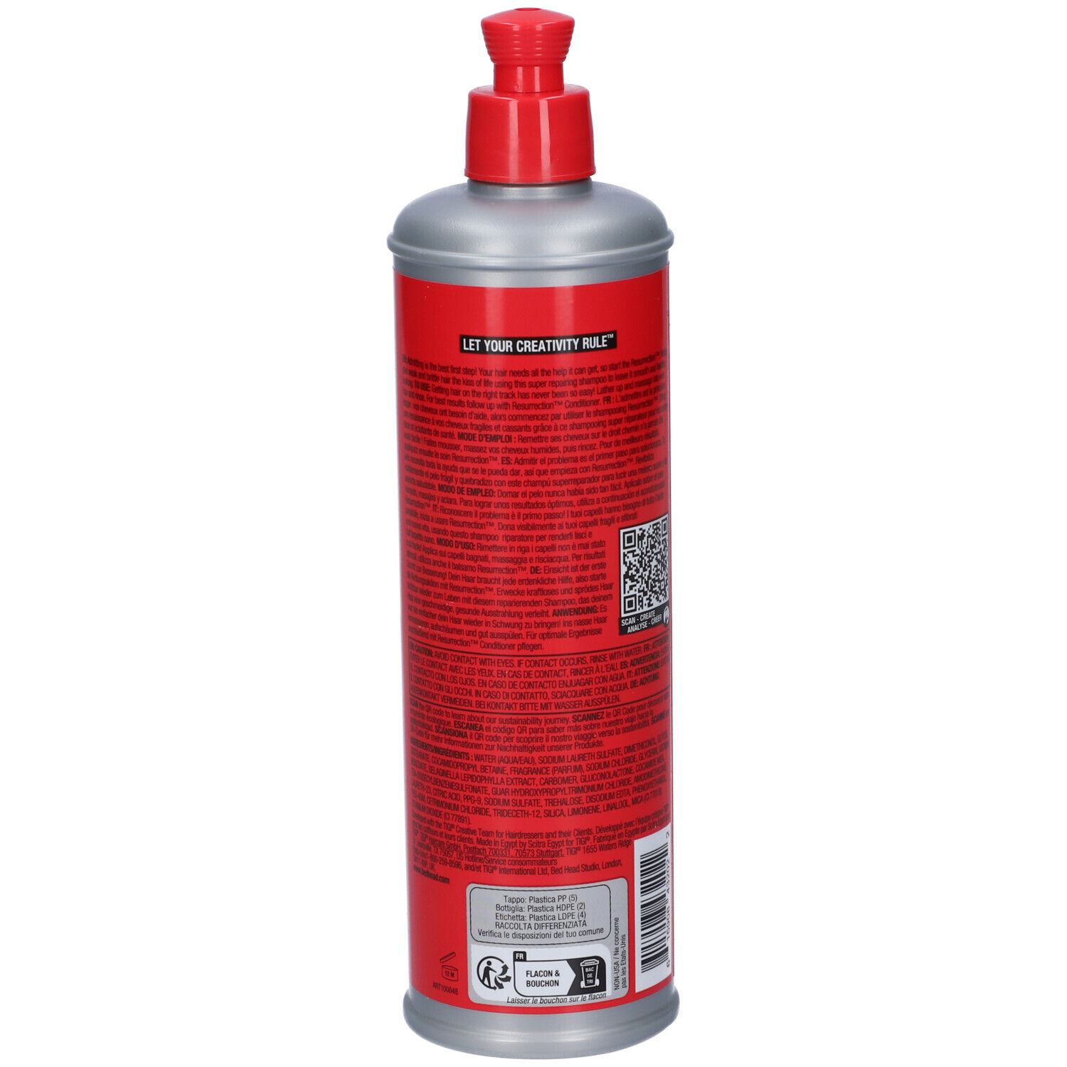 Bottiglia rossa con erogatore argentato e base argentata.
