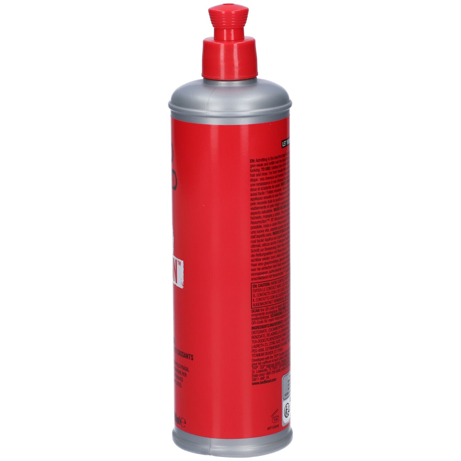 Bottiglia rossa con erogatore argentato e base argentata.