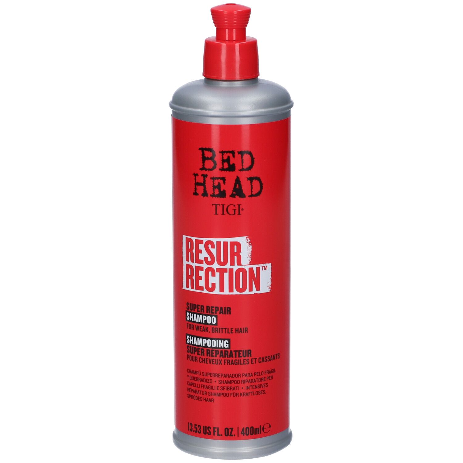 BED HEAD TIGI RESURRECTION Super Repair Shampoo, flacone rosso con erogatore argentato.