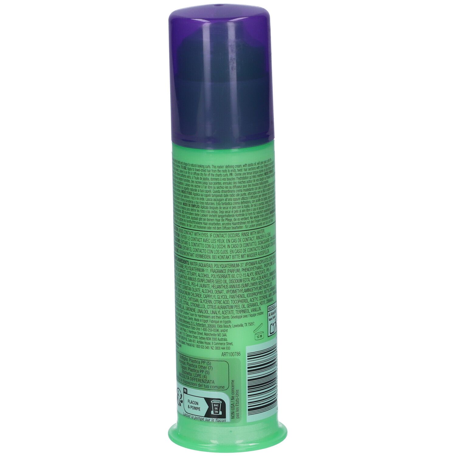 Flacone verde con erogatore a pompa turchese e tappo viola. Testo in inglese e francese.