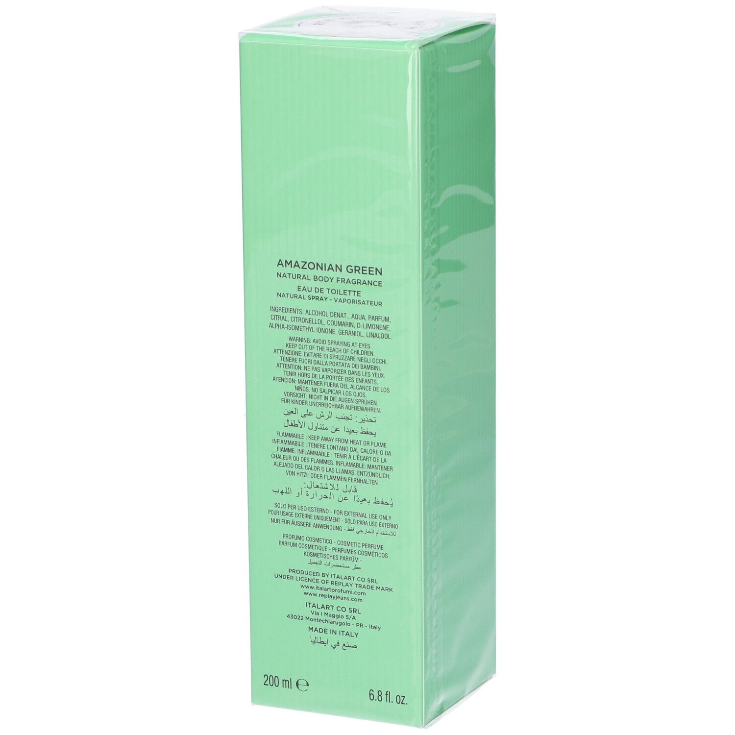 Scatola verde con scritta "Amazonian Green Natural Body Fragrance Eau de Toilette", 200ml.