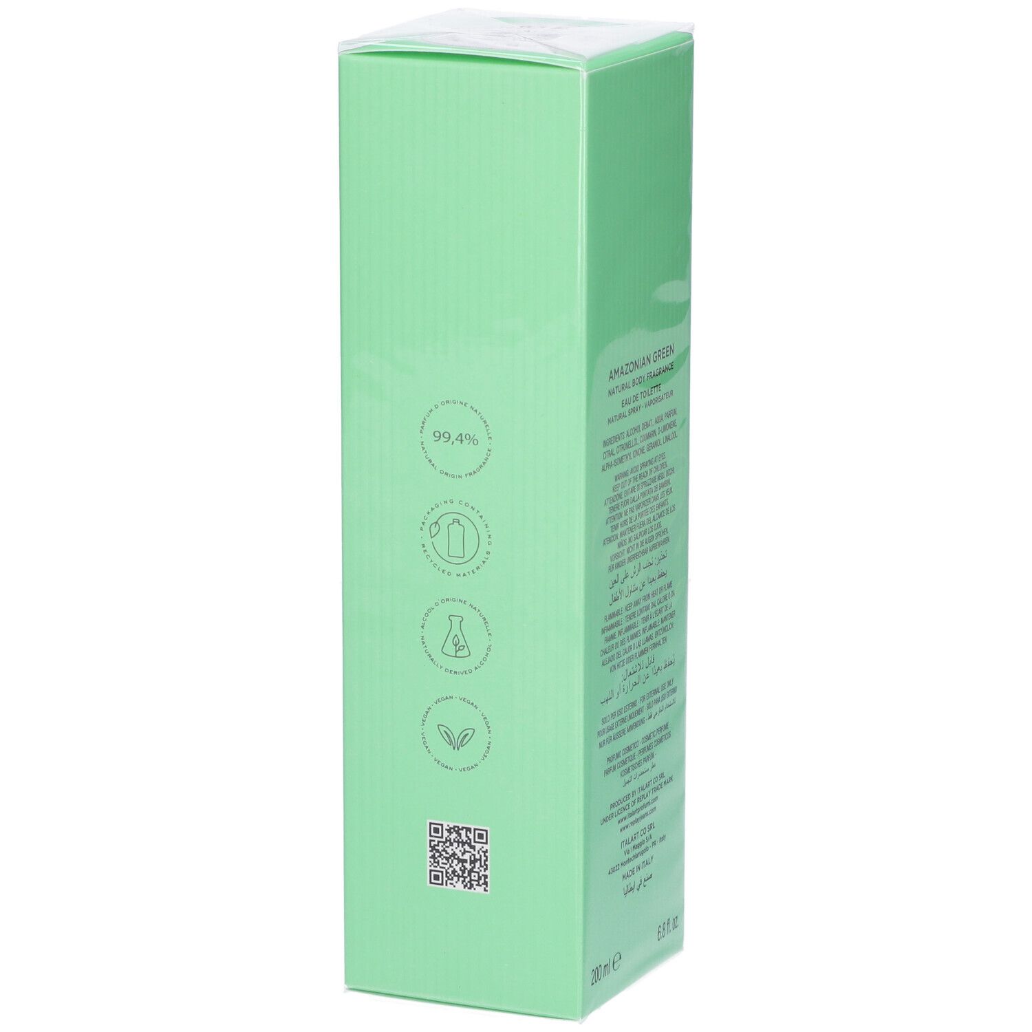 Confezione prodotto verde con simboli di sostenibilità e codice QR.