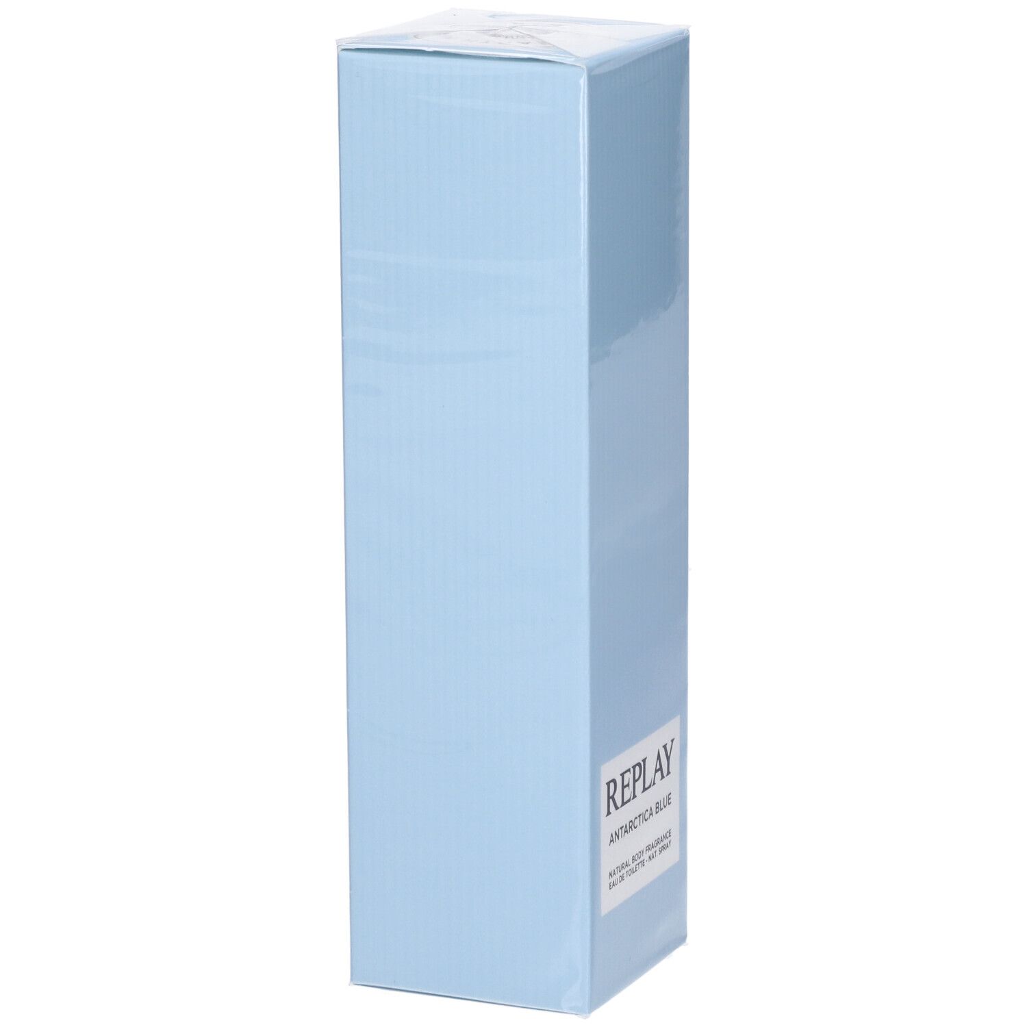 Scatola blu chiaro con Replay Antarctic Blue Eau de Toilette.