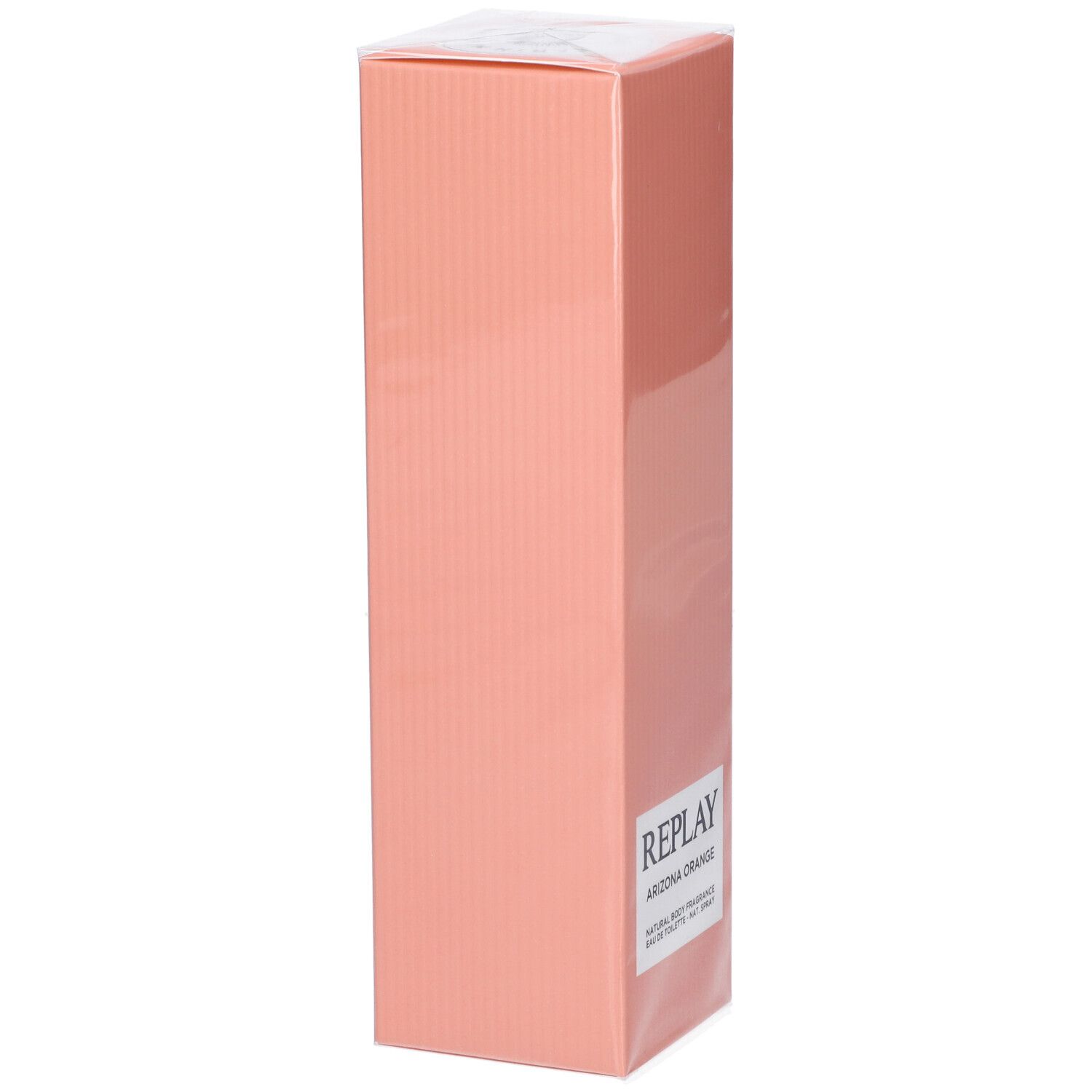Eau de Toilette Replay Arizona Orange, confezionata in un astuccio stretto rosa chiaro.