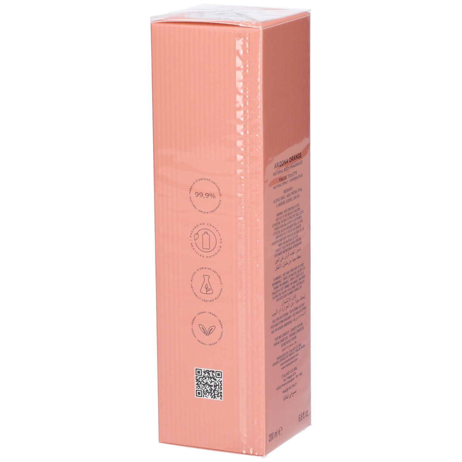 Confezione per un prodotto cosmetico, scatola di cartone rosa con simboli e testo. 200ml.