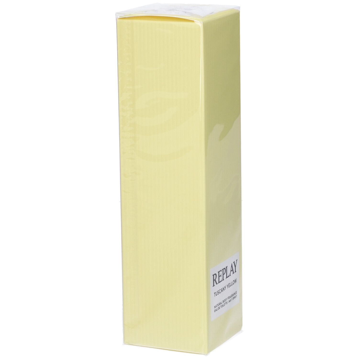 Confezione giallo chiaro con scritta "REPLAY TUSCANY YELLOW".