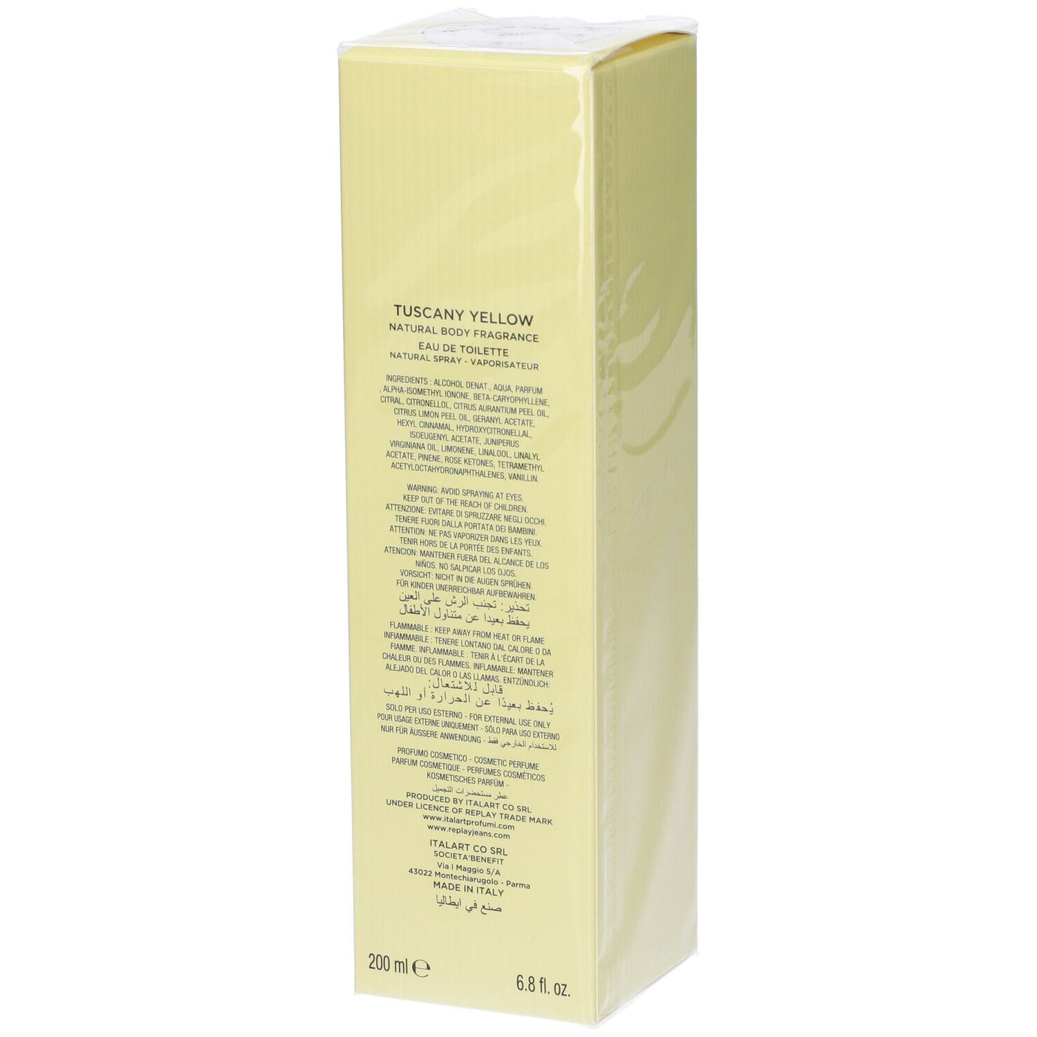Eau de Toilette Replay Tuscany Yellow, retro della confezione con ingredienti.