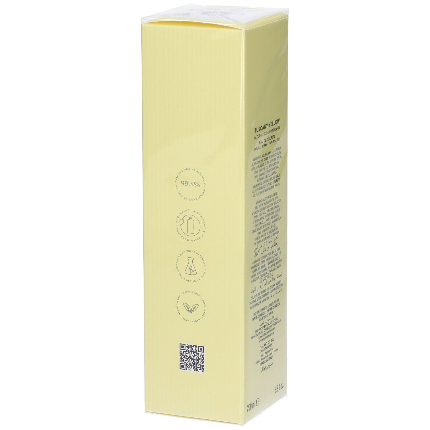 Profumo corpo naturale Replay Tuscany Yellow, flacone da 200ml in confezione gialla.