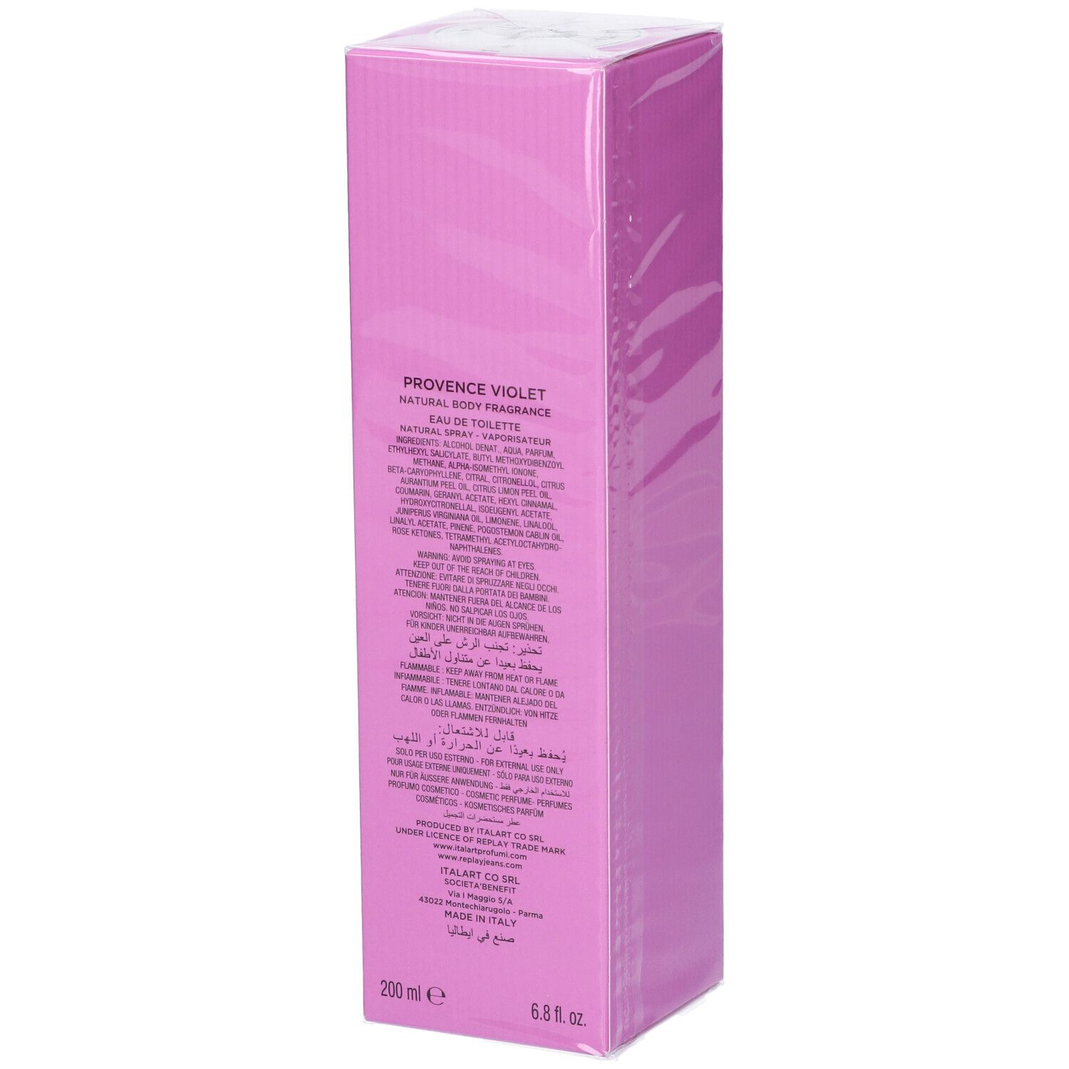 Spray corpo profumato naturale Provence Violet in confezione viola, 200 ml.