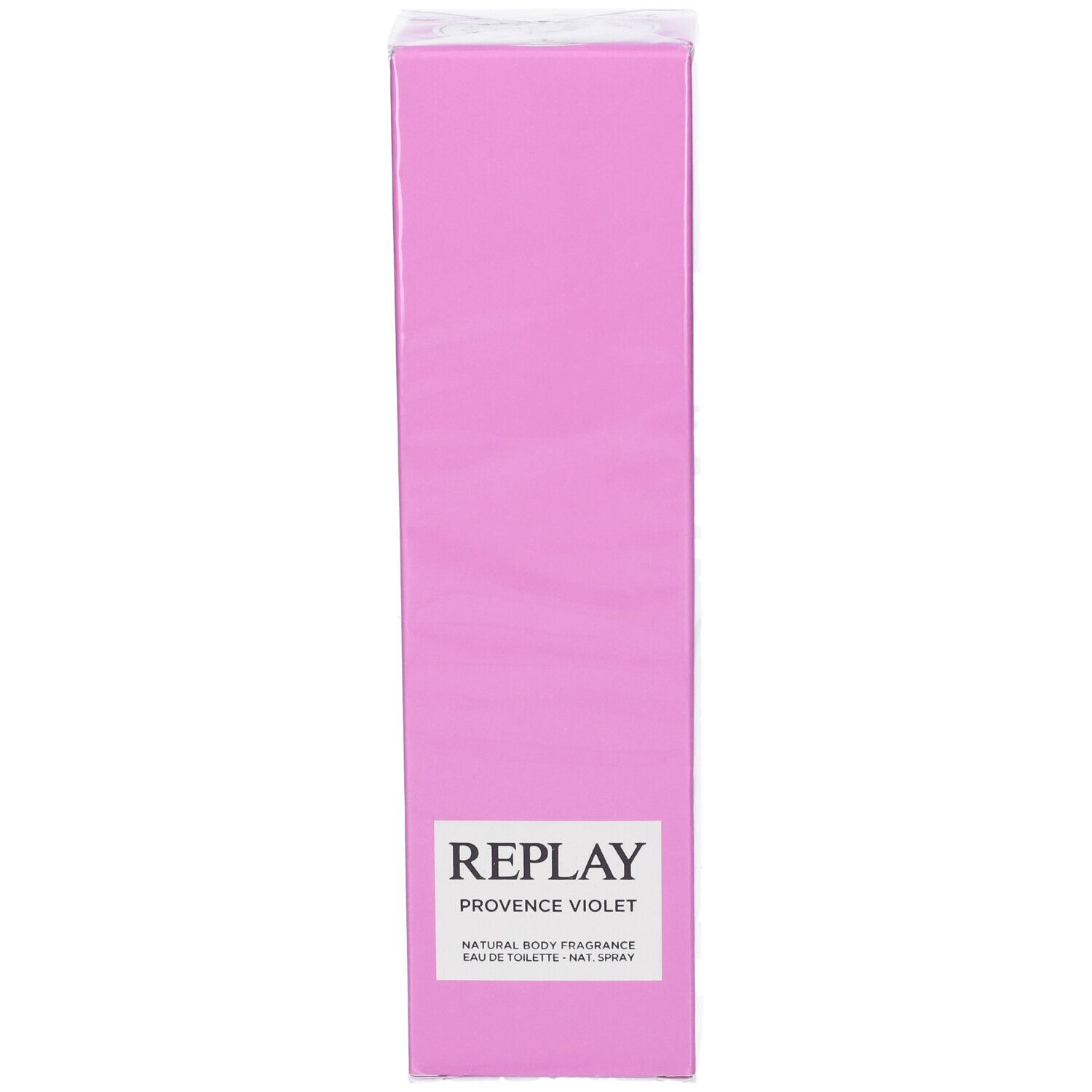 Confezione rosa rettangolare per Replay Provence Violet Natural Body Fragrance.